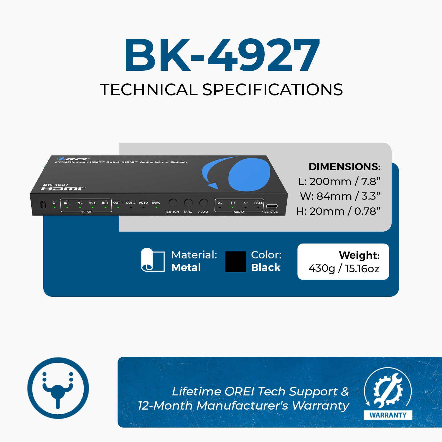 OREI 8K@60Hz 4-port HDMI™ Switch (BK-4927)