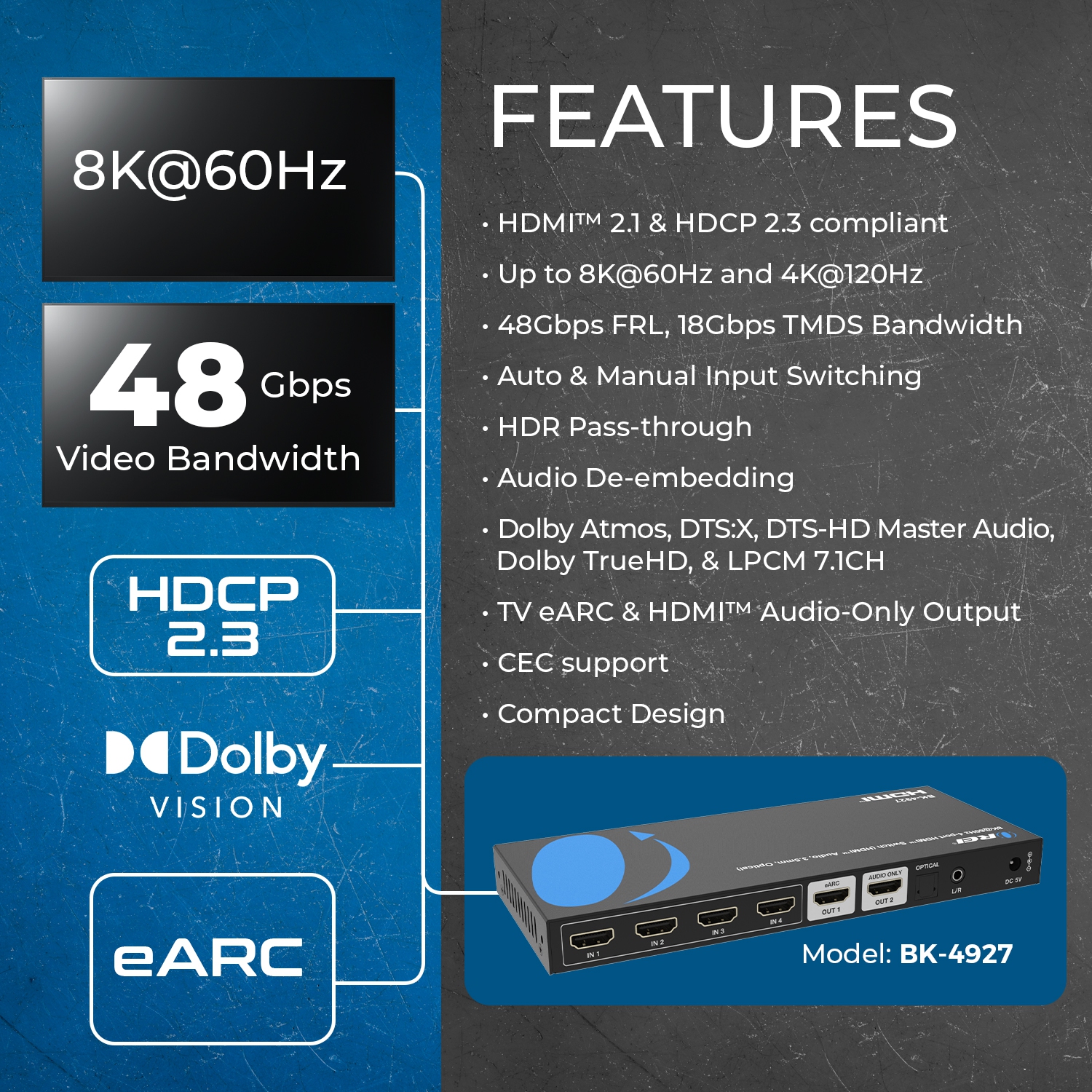 OREI 8K@60Hz 4-port HDMI™ Switch (BK-4927)