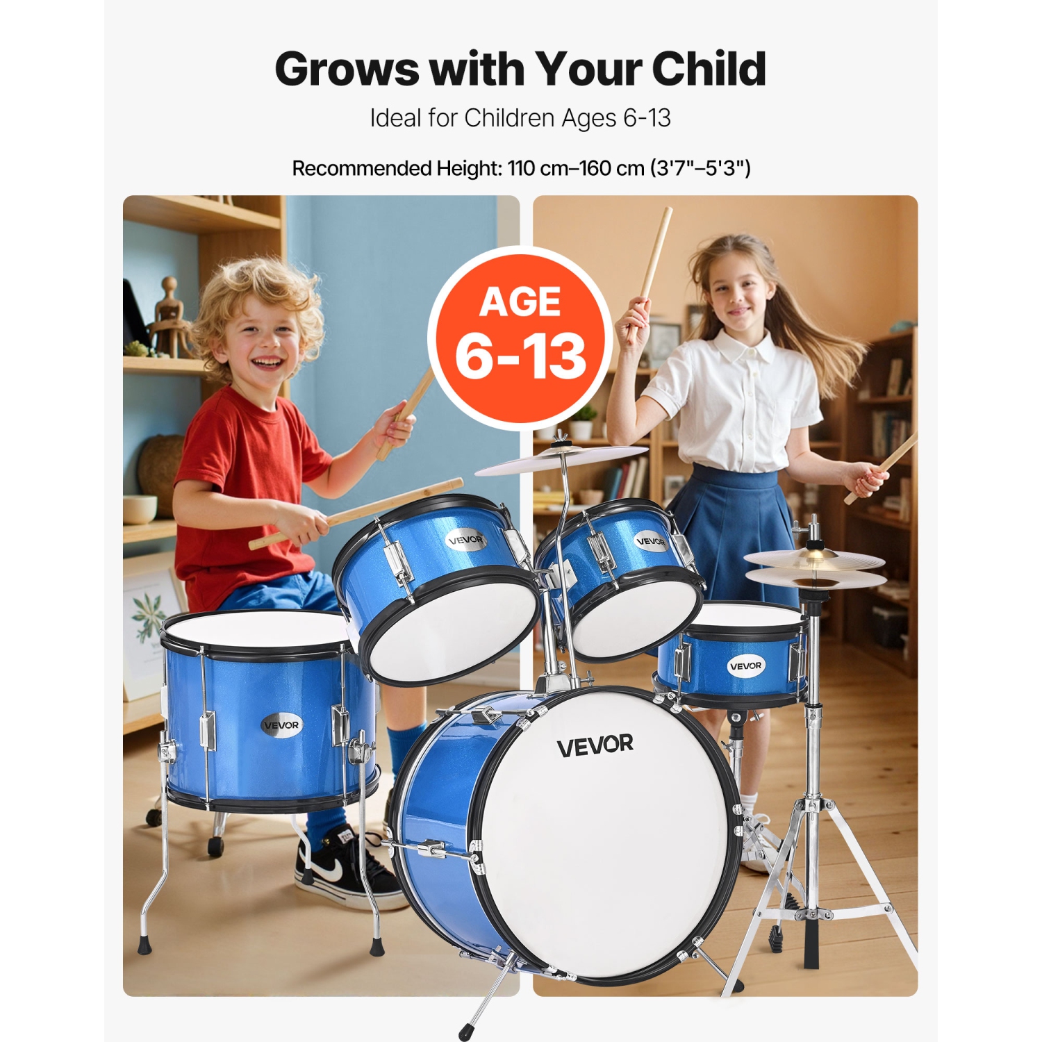 VEVOR Kids Drum Set, 5-Piece 16 in Junior Drum Sets, Beginner Drums Set with Adjustable Throne,Musical Learning Drums Instruments Kit, for Children
