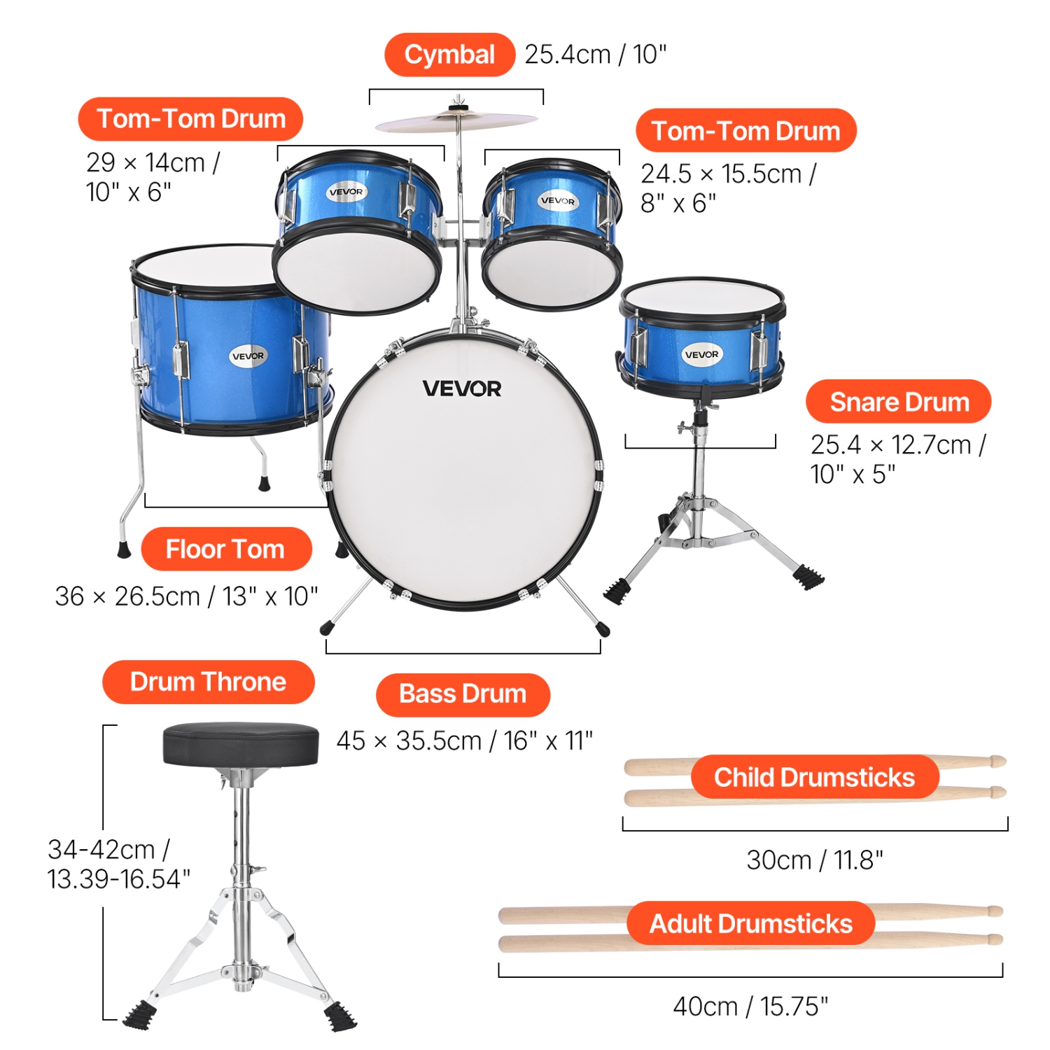 VEVOR Kids Drum Set, 5-Piece 16 in Junior Drum Sets, Beginner Drums Set with Adjustable Throne,Musical Learning Drums Instruments Kit, for Children