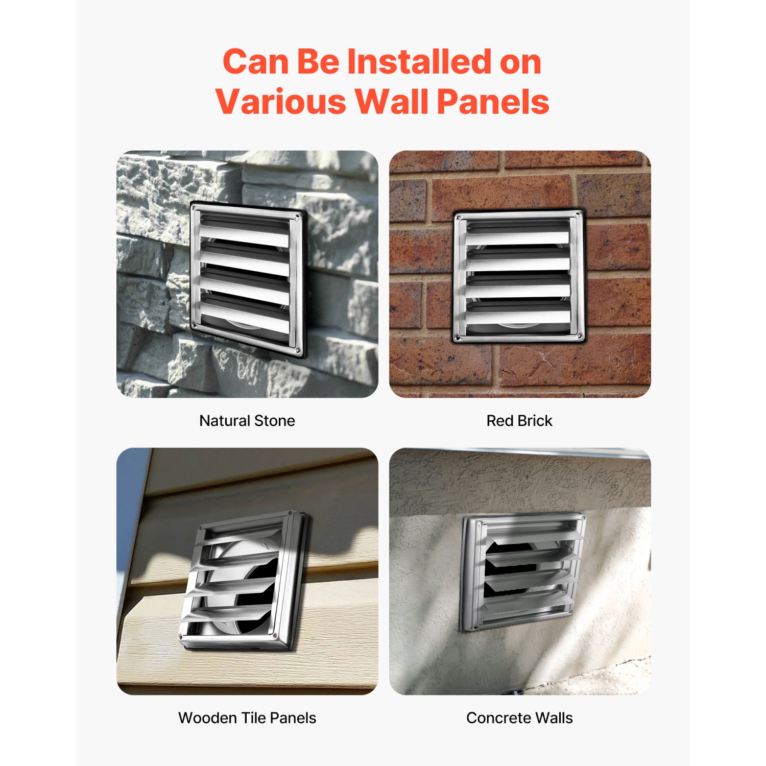 VEVOR 4 inch Wall Vent Cover,(1 Pack, Silver), Louvered Square AC Vent Gable Cover, Premium Stainless Steel & with Noise Reducing Rubber Gasket, for