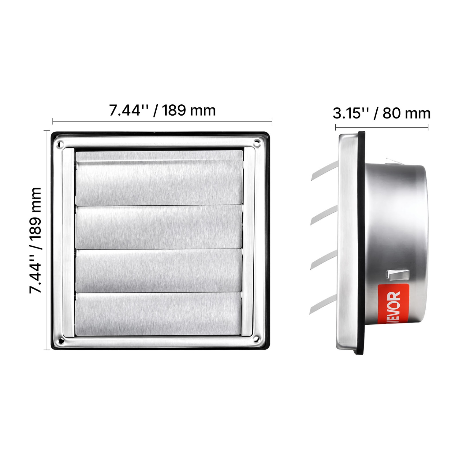 VEVOR 4 inch Wall Vent Cover,(1 Pack, Silver), Louvered Square AC Vent Gable Cover, Premium Stainless Steel & with Noise Reducing Rubber Gasket, for