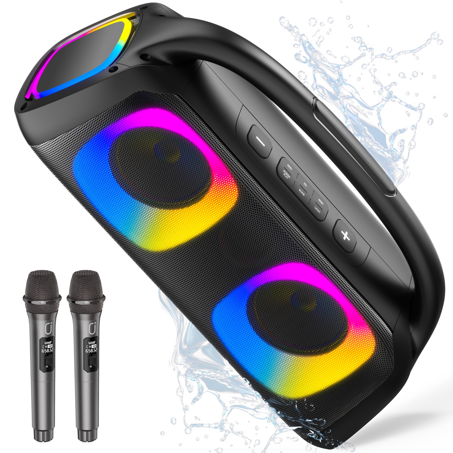 FanFun Bluetooth Wireless Speaker, 60W Powerful Sound Party Speaker with RGB Lights, Portable Speaker System with 2 Wireless Mics for Outdoor/