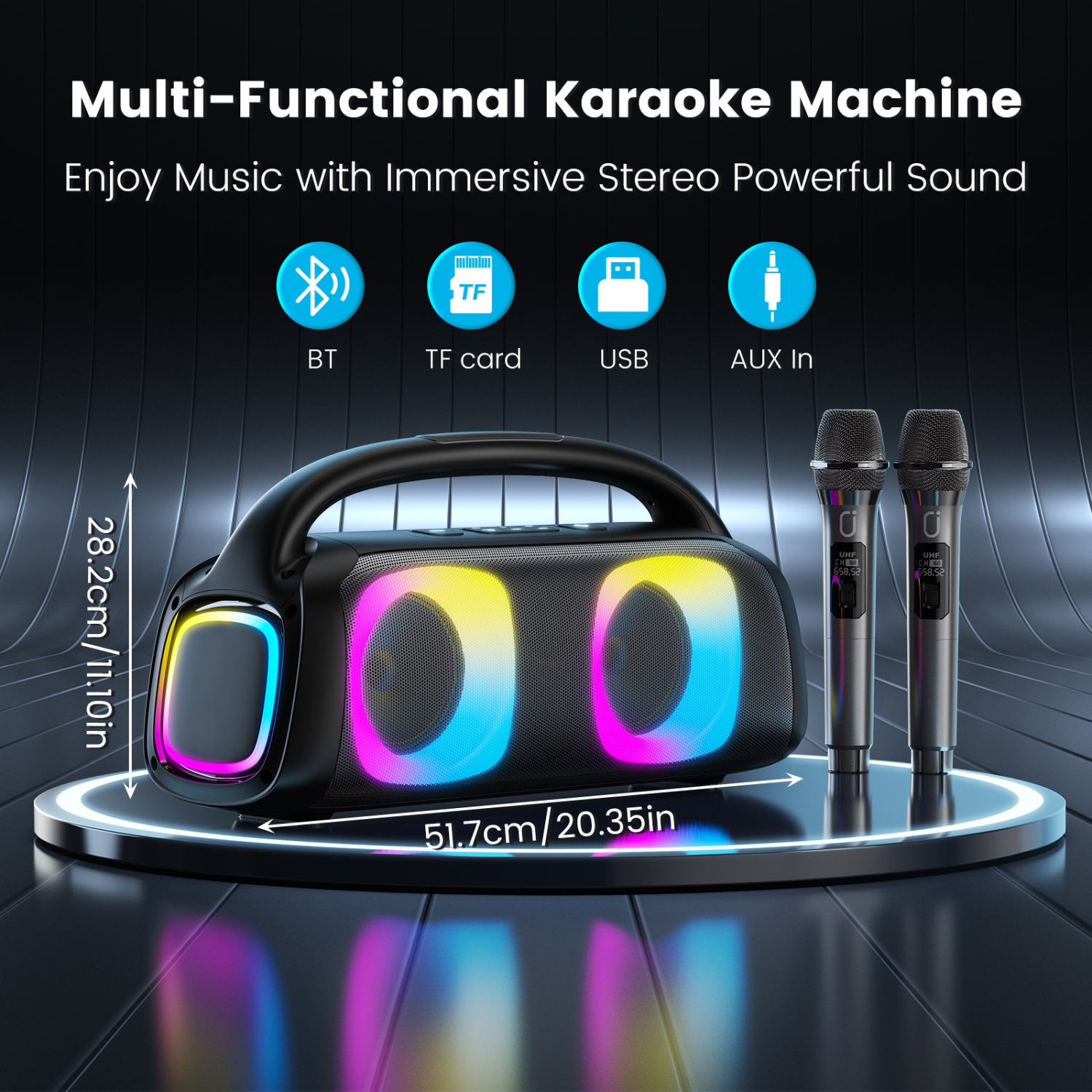 FanFun Bluetooth Wireless Speaker, 60W Powerful Sound Party Speaker with RGB Lights, Portable Speaker System with 2 Wireless Mics for Outdoor/