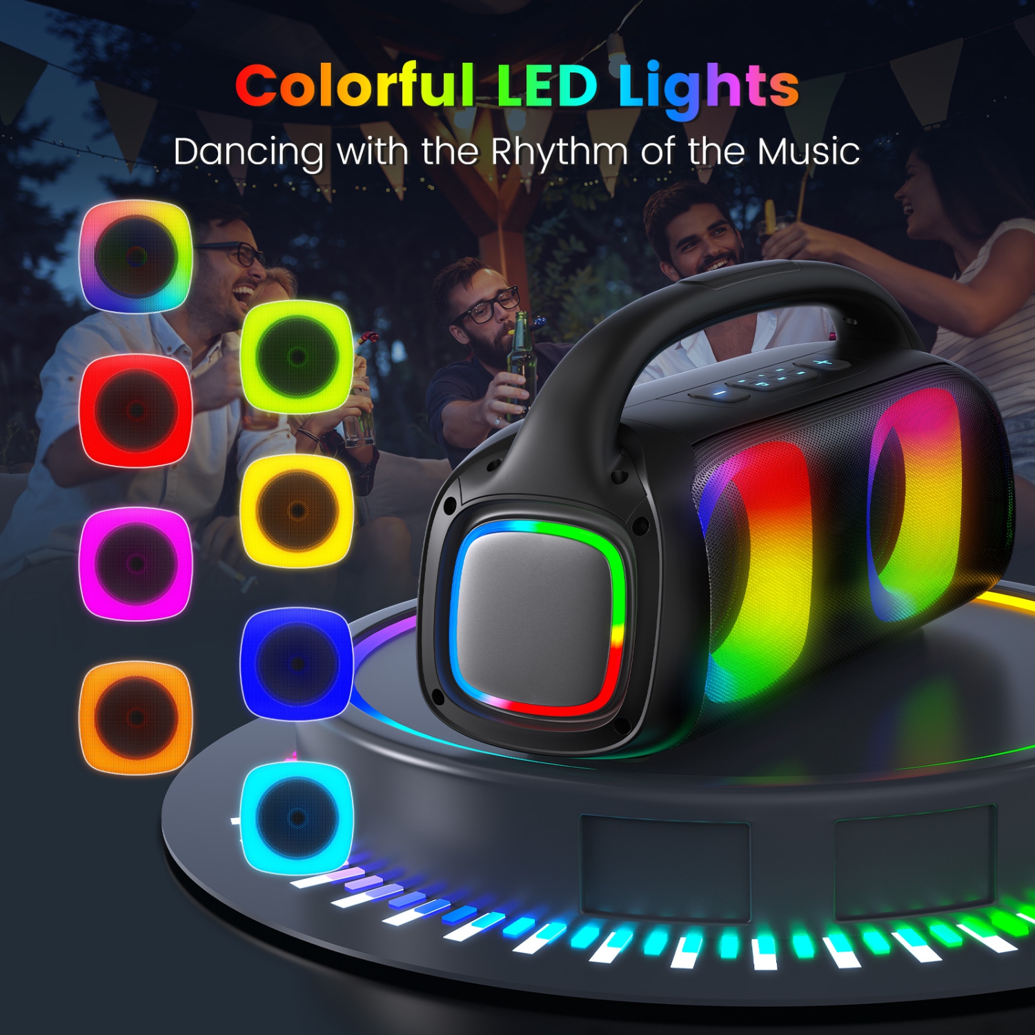 FanFun Bluetooth Wireless Speaker, 60W Powerful Sound Party Speaker with RGB Lights, Portable Speaker System with 2 Wireless Mics for Outdoor/