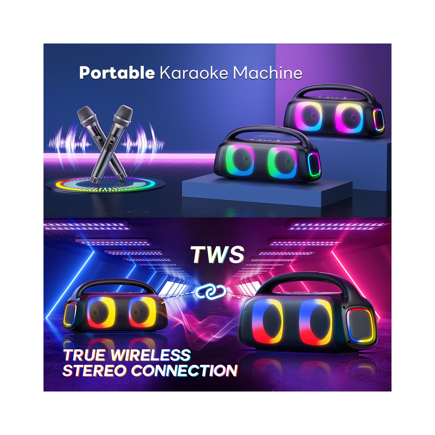 FanFun Bluetooth Wireless Speaker, 60W Powerful Sound Party Speaker with RGB Lights, Portable Speaker System with 2 Wireless Mics for Outdoor/