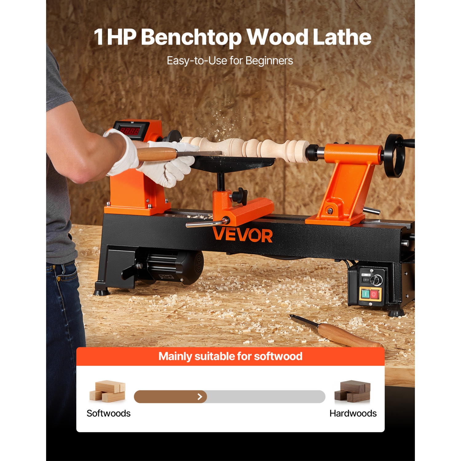 Tour d'établi VEVOR 1 HP de 12 x 18 po, Lathe à bois de table de travail avec vitesse variable de 0 à 3800 tr/min, moteur c.c. sans