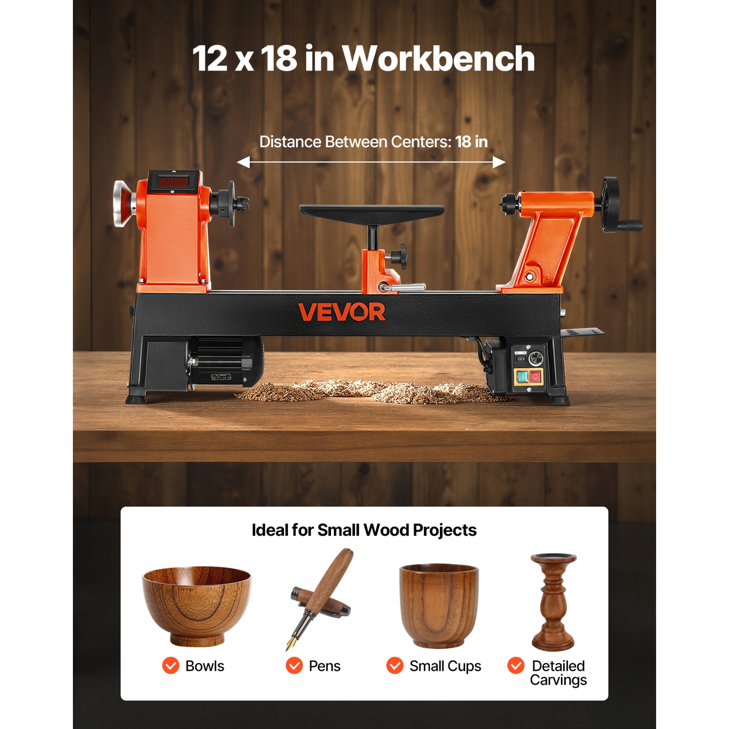 Tour d'établi VEVOR 1 HP de 12 x 18 po, Lathe à bois de table de travail avec vitesse variable de 0 à 3800 tr/min, moteur c.c. sans