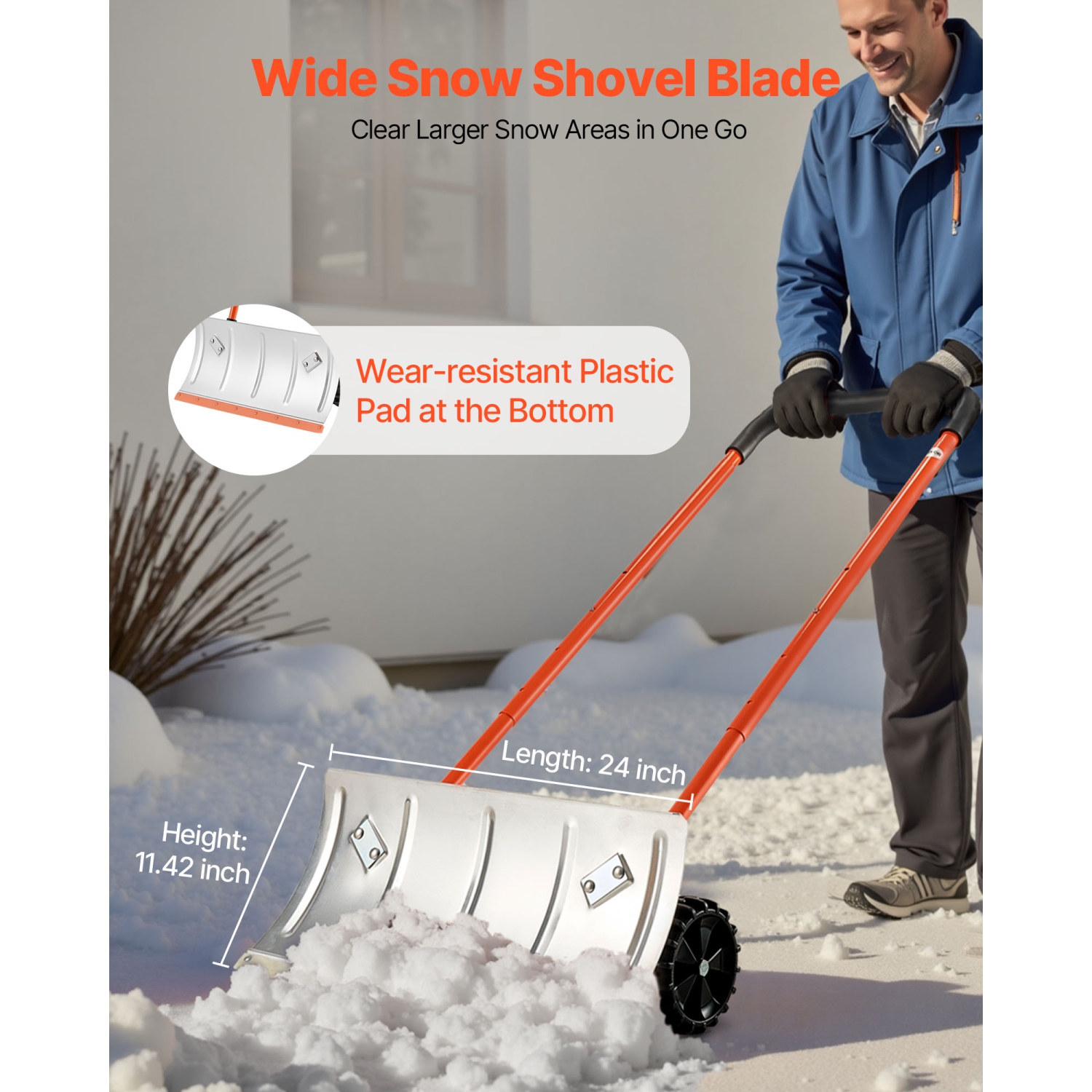 VEVOR 24 in Snow Pusher Shovel with Wheels, Wheeled Snowplow Shovel with Bi-Directional Angled Blade & 90 Degree Adjustable Handle, Metal Winter