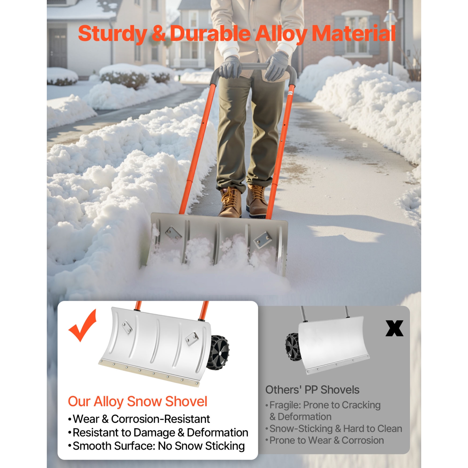 VEVOR 24 in Snow Pusher Shovel with Wheels, Wheeled Snowplow Shovel with Bi-Directional Angled Blade & 90 Degree Adjustable Handle, Metal Winter