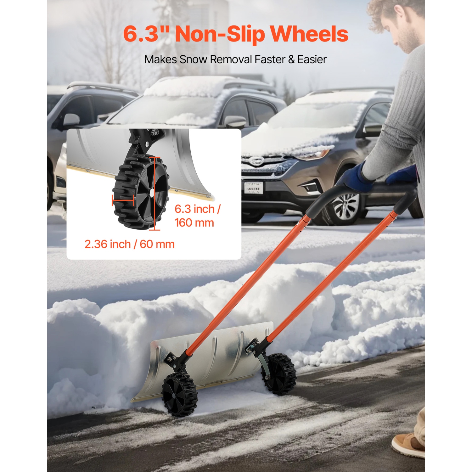 VEVOR 24 in Snow Pusher Shovel with Wheels, Wheeled Snowplow Shovel with Bi-Directional Angled Blade & 90 Degree Adjustable Handle, Metal Winter