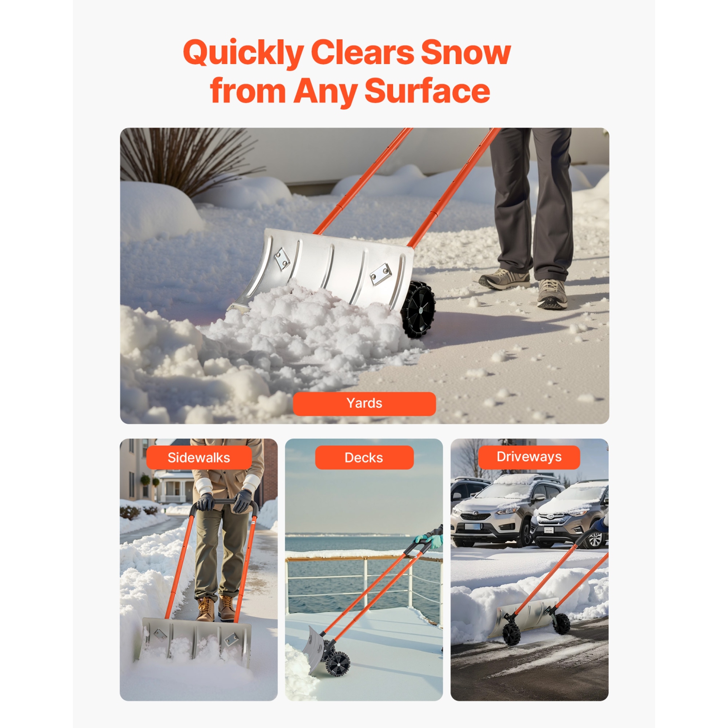 VEVOR 24 in Snow Pusher Shovel with Wheels, Wheeled Snowplow Shovel with Bi-Directional Angled Blade & 90 Degree Adjustable Handle, Metal Winter