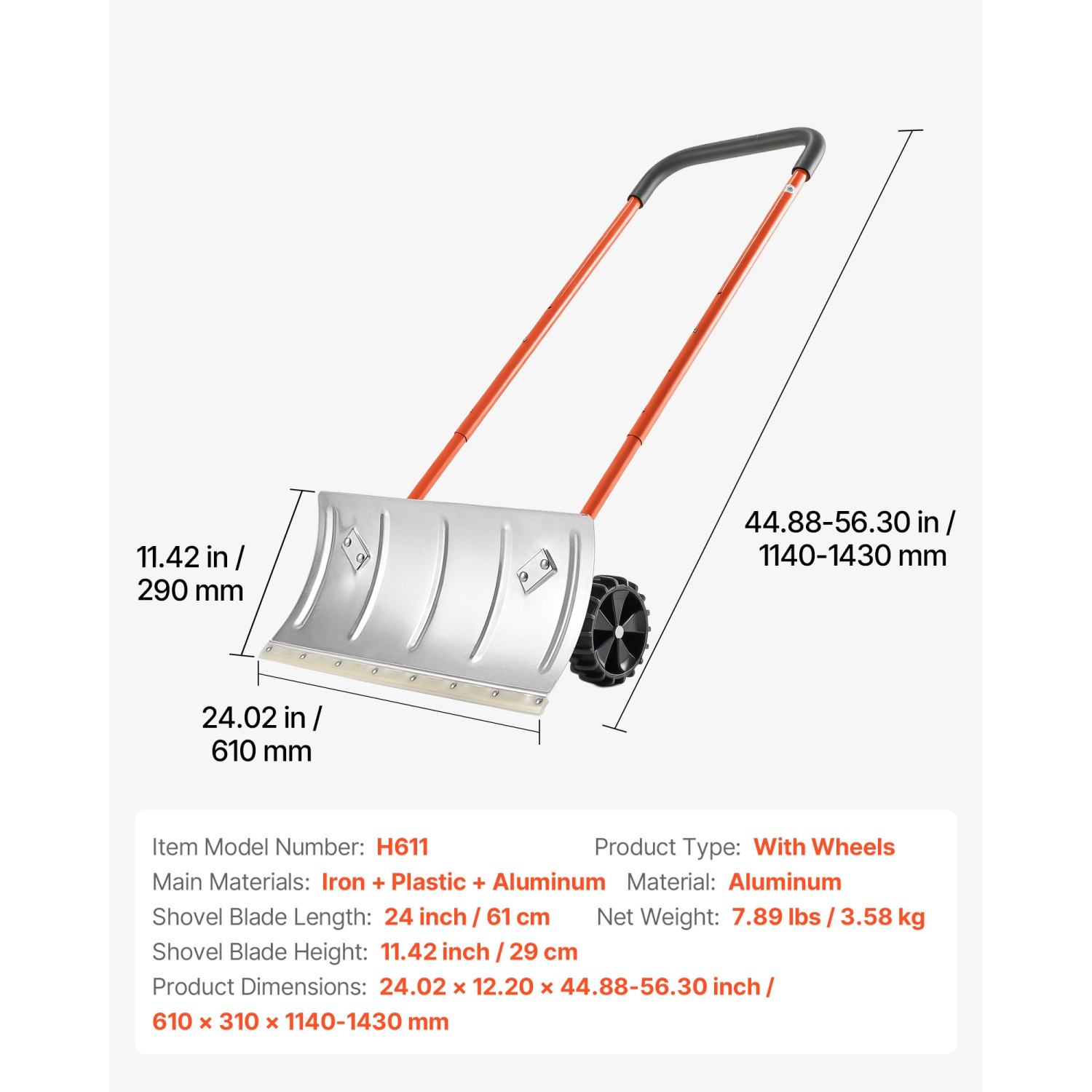 VEVOR 24 in Snow Pusher Shovel with Wheels, Wheeled Snowplow Shovel with Bi-Directional Angled Blade & 90 Degree Adjustable Handle, Metal Winter