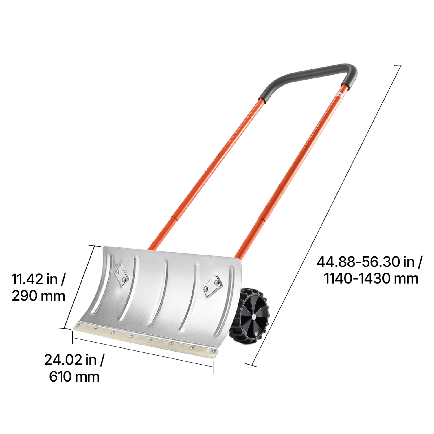 VEVOR 24 in Snow Pusher Shovel with Wheels, Wheeled Snowplow Shovel with Bi-Directional Angled Blade & 90 Degree Adjustable Handle, Metal Winter