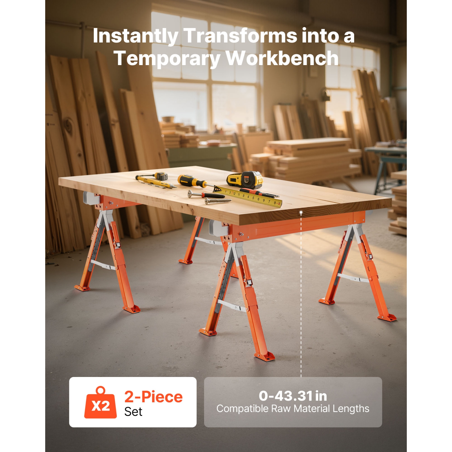 VEVOR 1800 lbs Load Capacity Saw Horses,2 Pack Folding Work Horses, Sawhorse with Heavy Duty Legs,Adjustable Height Saw Horse with Non-Slip Foot