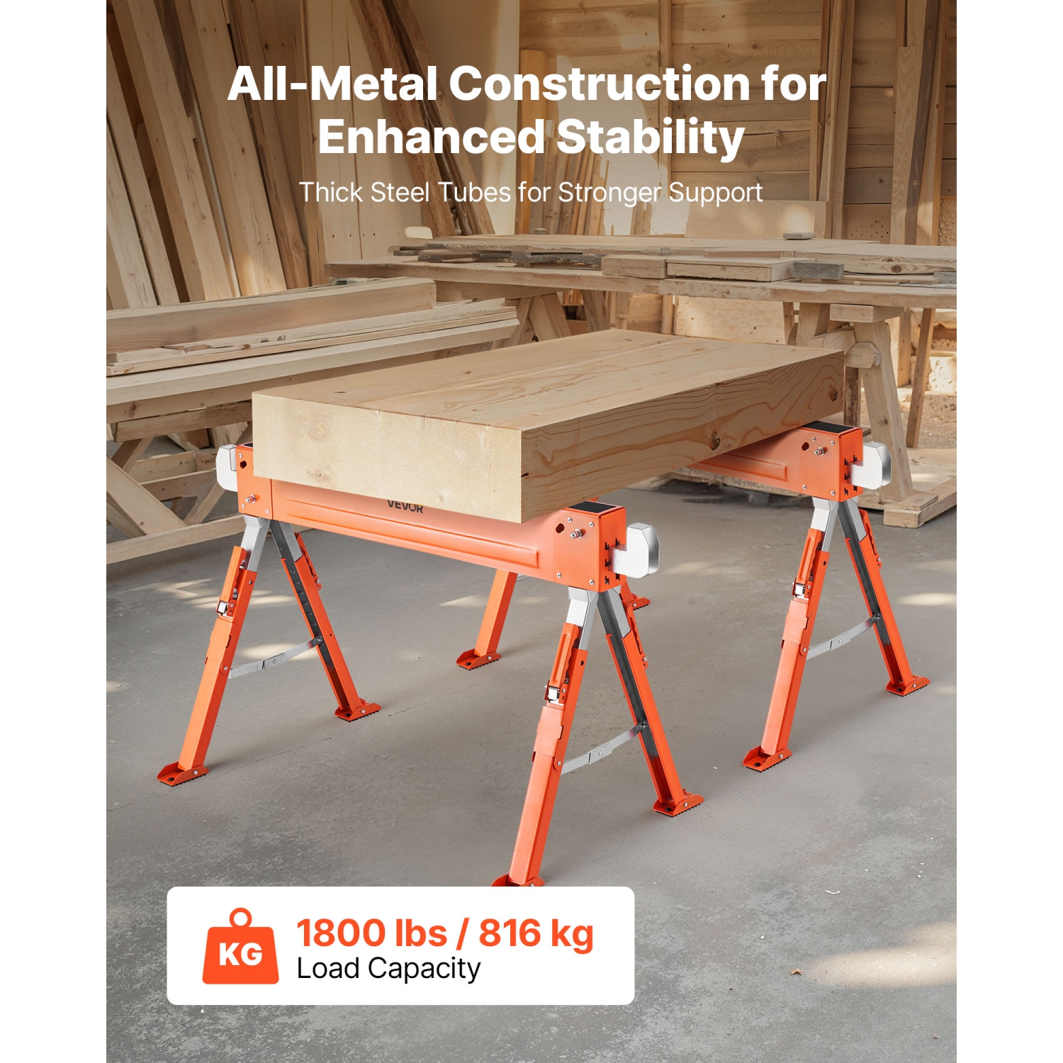 VEVOR 1800 lbs Load Capacity Saw Horses,2 Pack Folding Work Horses, Sawhorse with Heavy Duty Legs,Adjustable Height Saw Horse with Non-Slip Foot