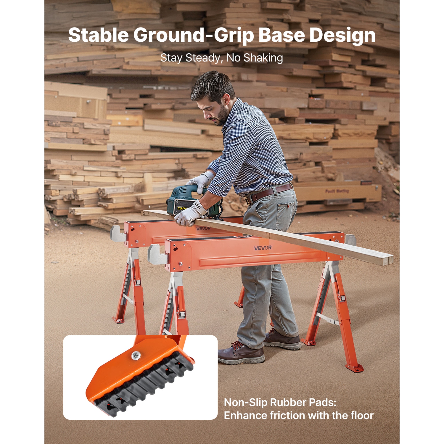 VEVOR 1800 lbs Load Capacity Saw Horses,2 Pack Folding Work Horses, Sawhorse with Heavy Duty Legs,Adjustable Height Saw Horse with Non-Slip Foot