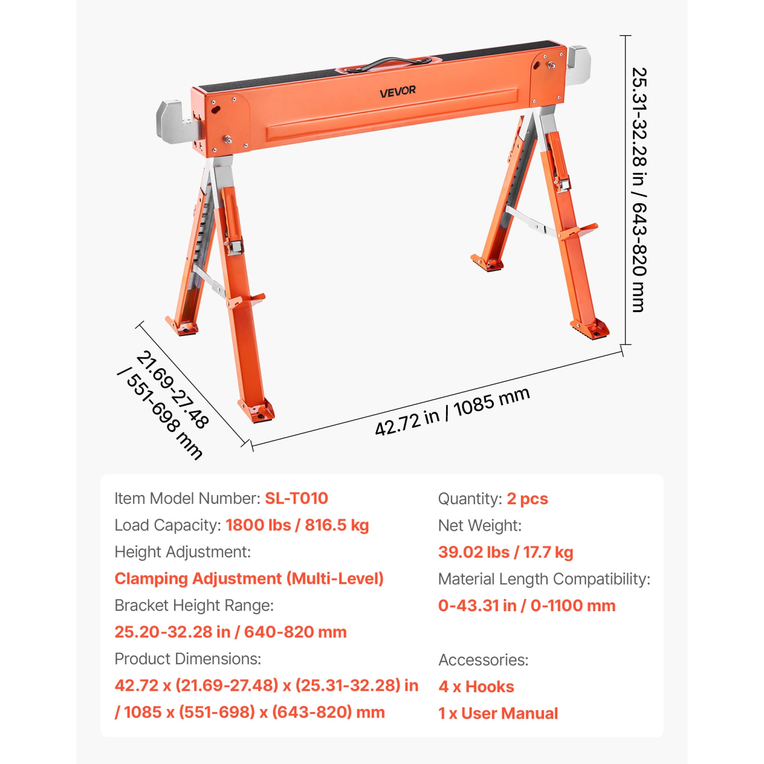 VEVOR 1800 lbs Load Capacity Saw Horses,2 Pack Folding Work Horses, Sawhorse with Heavy Duty Legs,Adjustable Height Saw Horse with Non-Slip Foot