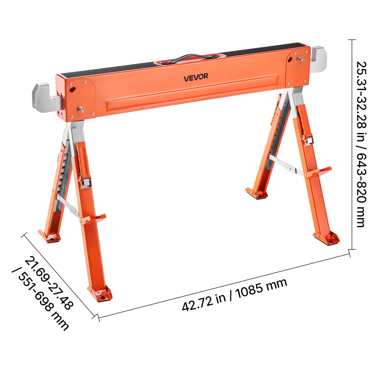 VEVOR 1800 lbs Load Capacity Saw Horses,2 Pack Folding Work Horses, Sawhorse with Heavy Duty Legs,Adjustable Height Saw Horse with Non-Slip Foot