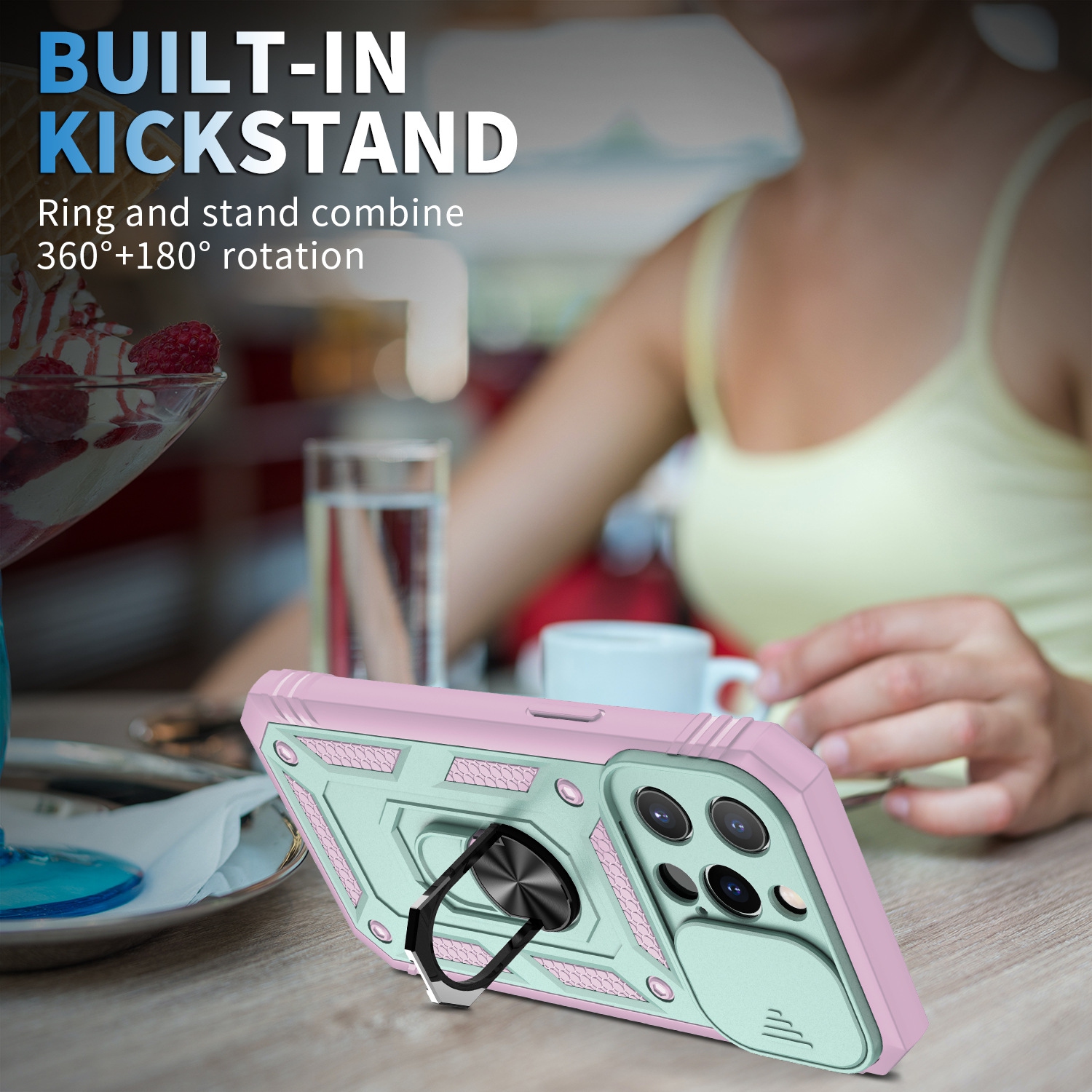 iPhone 13 Pro Max Case, Ring Sliding Window Protector, 3-in-1 Drop Protection - Pink