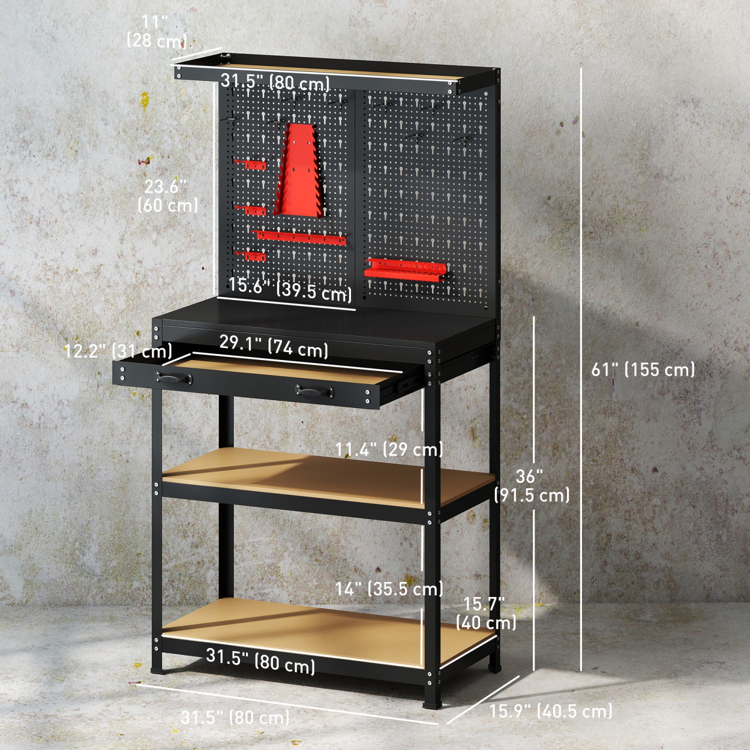 HOMCOM Workbench with Pegboard, Heavy Duty Steel Work Bench, 31.5" x 16" Workstation with 14PCS Hanging Kits, 2 Lower Shelves and Large Drawer for