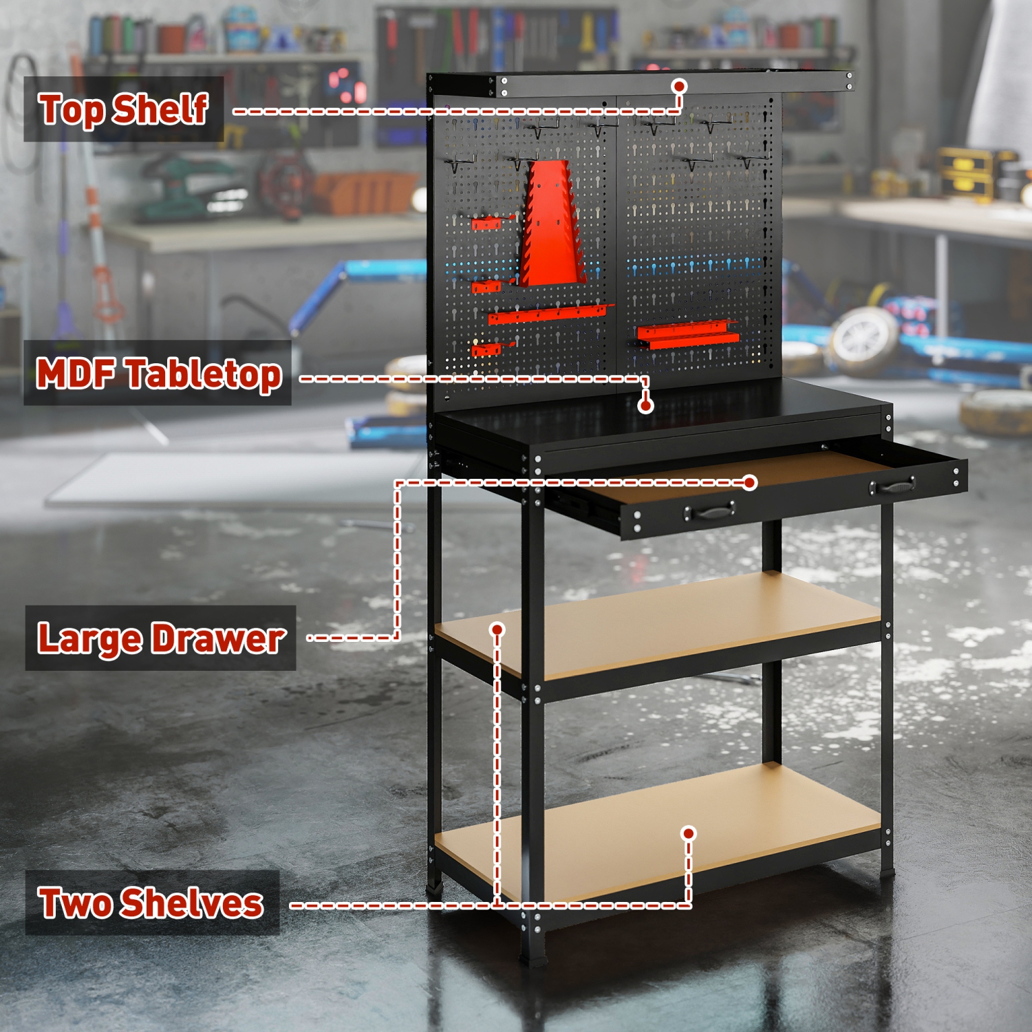 HOMCOM Workbench with Pegboard, Heavy Duty Steel Work Bench, 31.5" x 16" Workstation with 14PCS Hanging Kits, 2 Lower Shelves and Large Drawer for