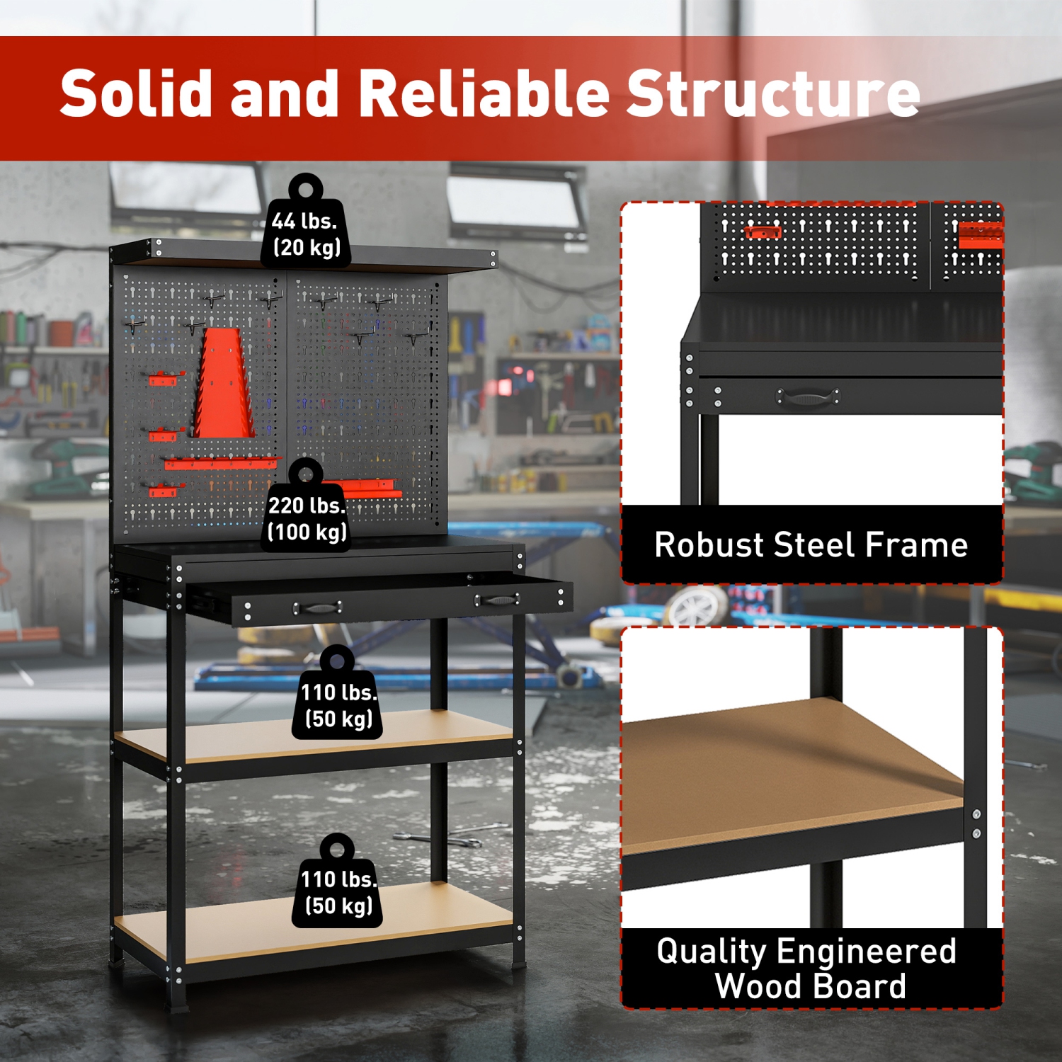 HOMCOM Workbench with Pegboard, Heavy Duty Steel Work Bench, 31.5" x 16" Workstation with 14PCS Hanging Kits, 2 Lower Shelves and Large Drawer for