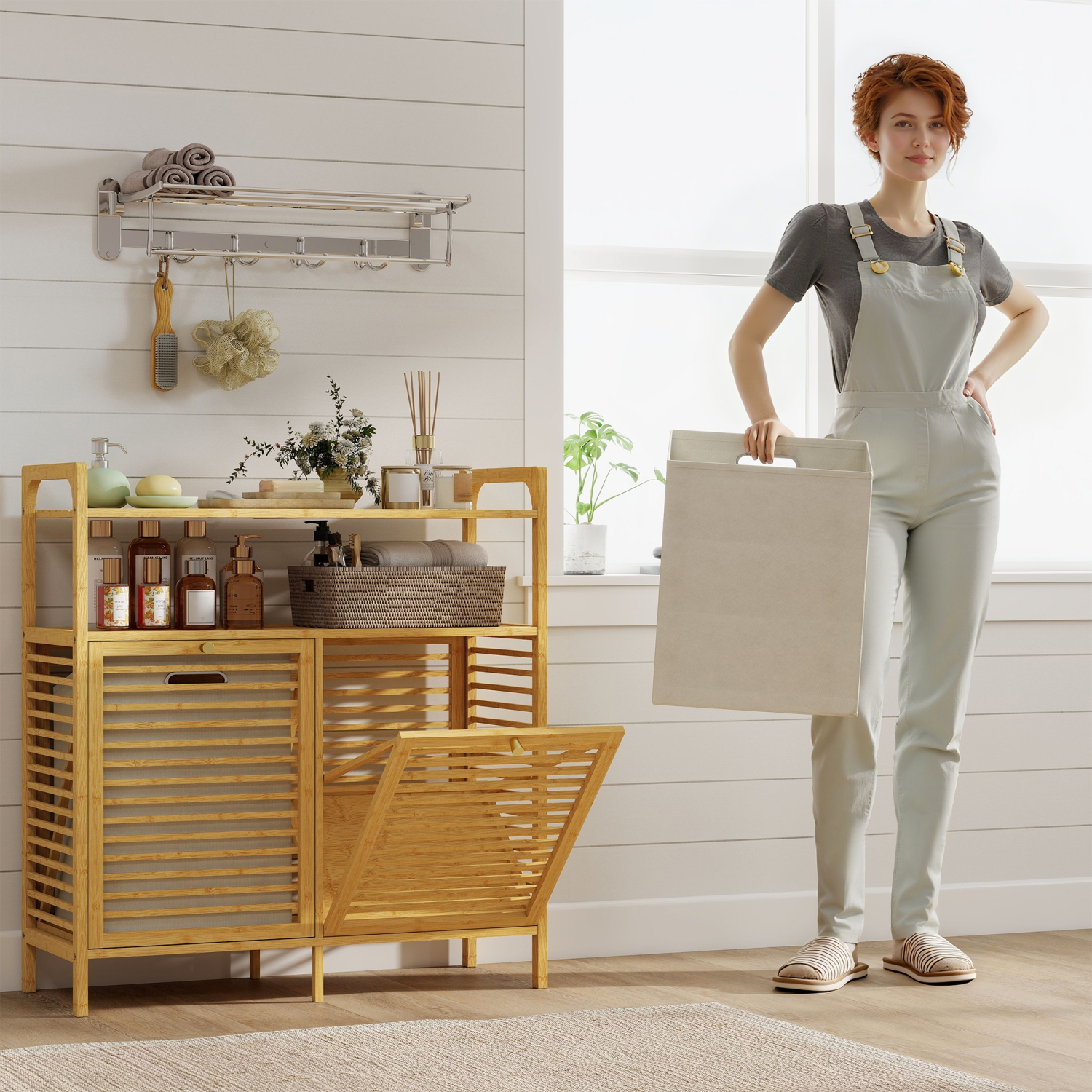 HOMCOM Double Tilt Out Laundry Hamper, Freestanding Bamboo Laundry Cabinet with 2 Removable Baskets and 2-Tier Storage Shelves for Bathroom, Laundry