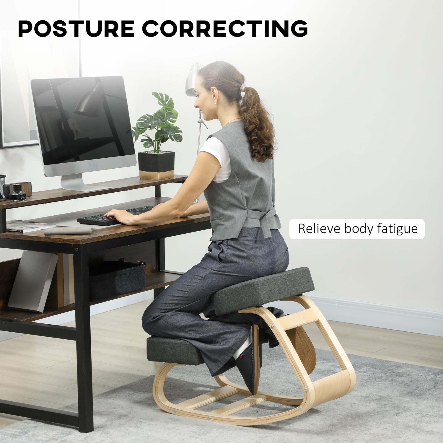 HOMCOM Ergonomic Kneeling Chair, Wood Kneel Stool with Thick Pads, Desk Knee Chair for Office, Improve Posture, Back Pain, Dark Grey