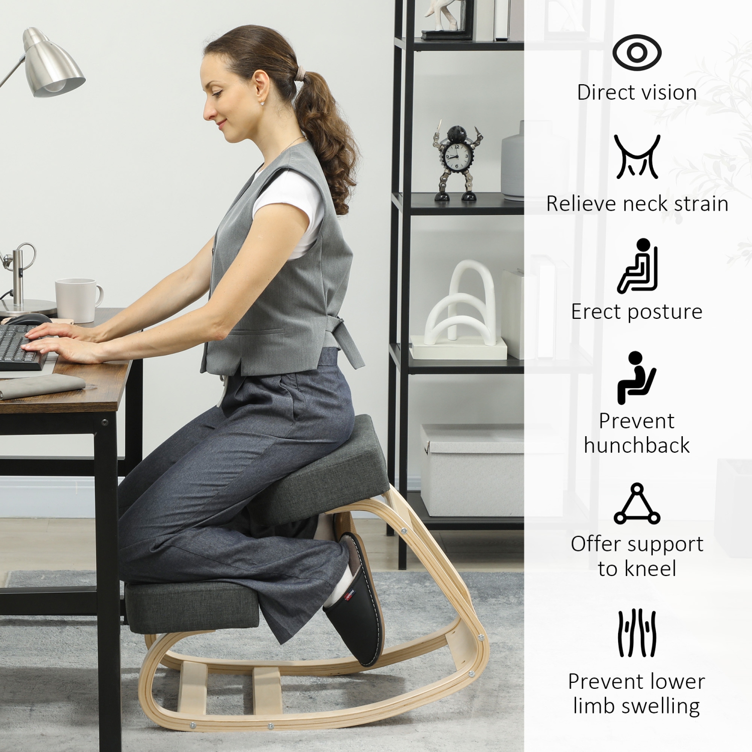 HOMCOM Ergonomic Kneeling Chair, Wood Kneel Stool with Thick Pads, Desk Knee Chair for Office, Improve Posture, Back Pain, Dark Grey