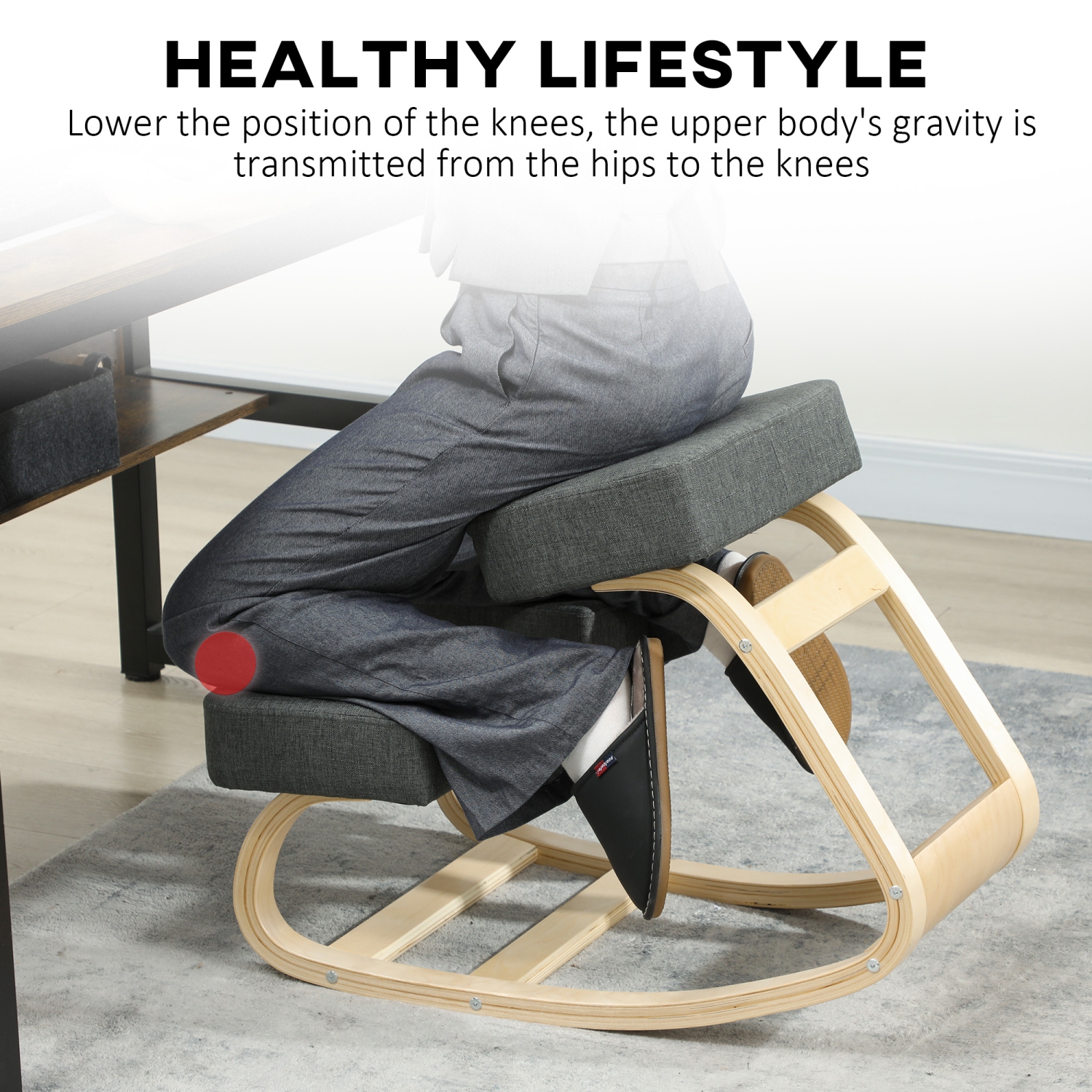 HOMCOM Ergonomic Kneeling Chair, Wood Kneel Stool with Thick Pads, Desk Knee Chair for Office, Improve Posture, Back Pain, Dark Grey