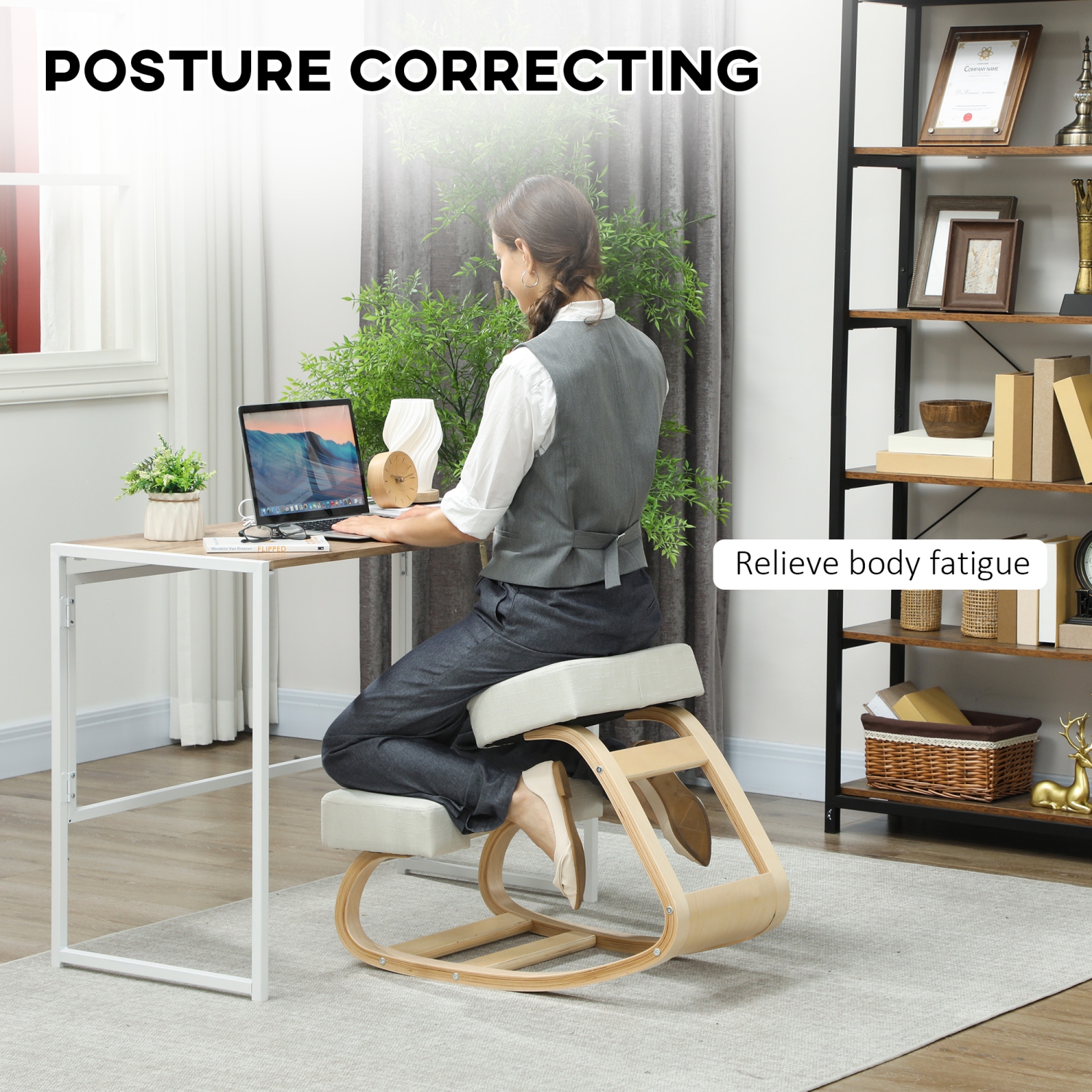 HOMCOM Ergonomic Kneeling Chair, Wood Kneel Stool with Thick Pads, Desk Knee Chair for Office, Improve Posture, Back Pain, Cream White