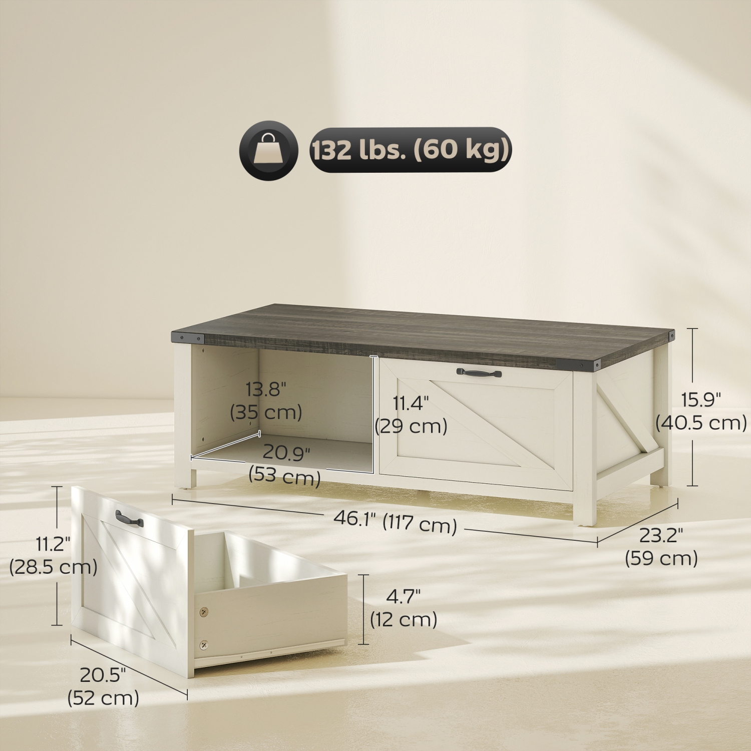 HOMCOM – Table basse Farmhouse avec tiroir et tablette de rangement, table centrale rustique pour le salon, salle de réunion, blanc vieilli