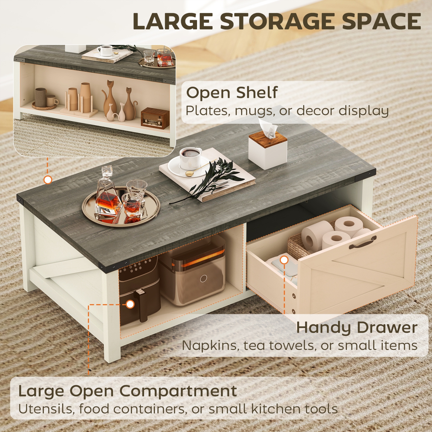 HOMCOM – Table basse Farmhouse avec tiroir et tablette de rangement, table centrale rustique pour le salon, salle de réunion, blanc vieilli