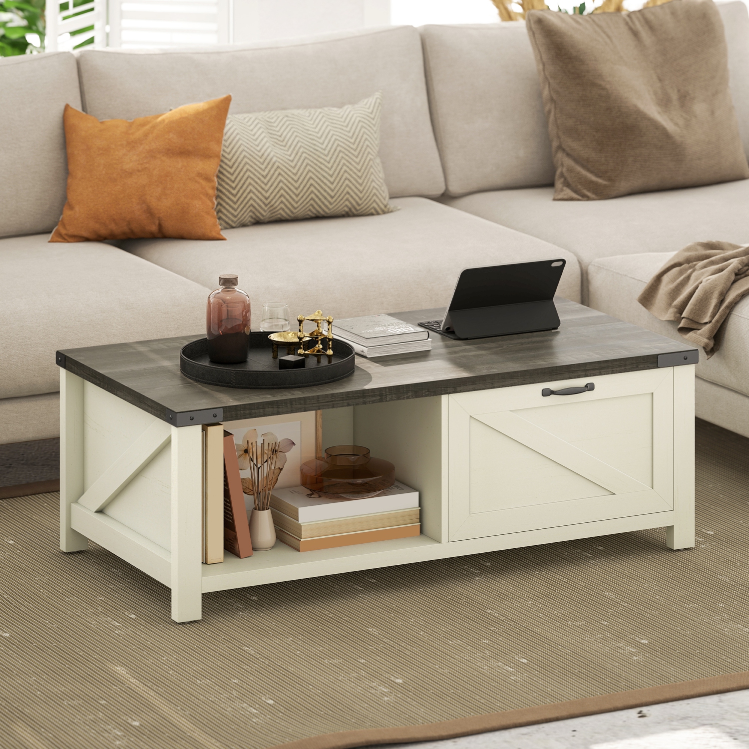 HOMCOM – Table basse Farmhouse avec tiroir et tablette de rangement, table centrale rustique pour le salon, salle de réunion, blanc vieilli