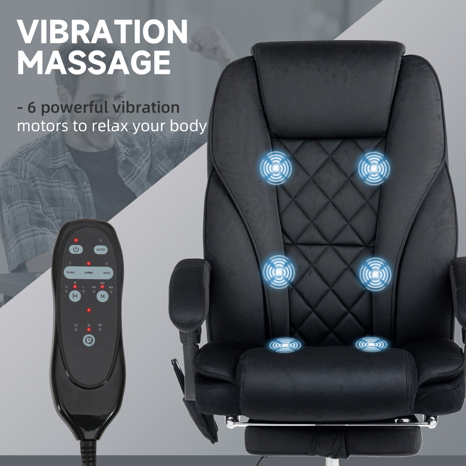 Fauteuil de bureau de massage avec repose-pieds de Vinsetto, fauteuil de jeu inclinable en velours avec 6 points de vibration, hauteur réglable,