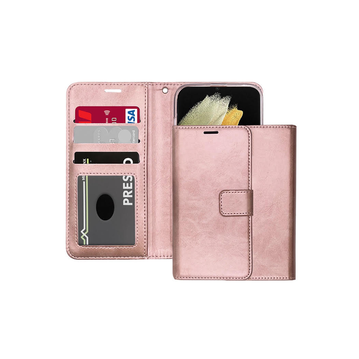 [CS] Étui portefeuille en cuir à rabat avec fente magnétique pour carte pour iPhone 17 Pro, rose doré