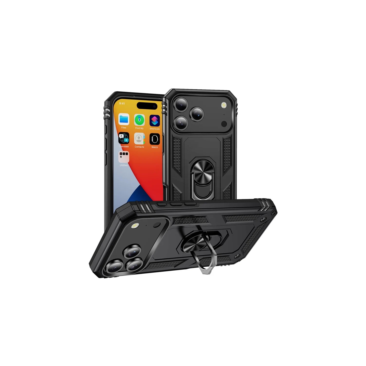 [CS] Hybrid Hard Kickstand Case Cover with Magnetic Ring Holder for iPhone 17 Pro, Black