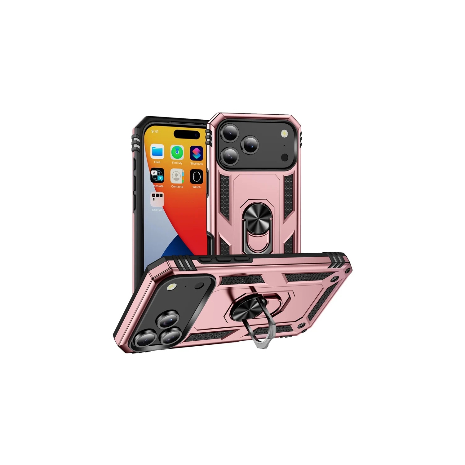 [CS] Hybrid Hard Kickstand Case Cover with Magnetic Ring Holder for iPhone 17 Pro, Rose Gold