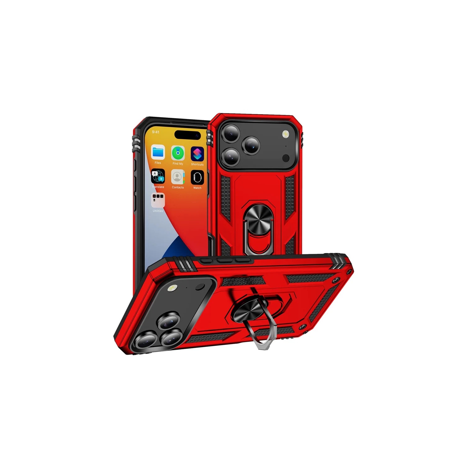 [CS] Hybrid Hard Kickstand Case Cover with Magnetic Ring Holder for iPhone 17 Pro, Red