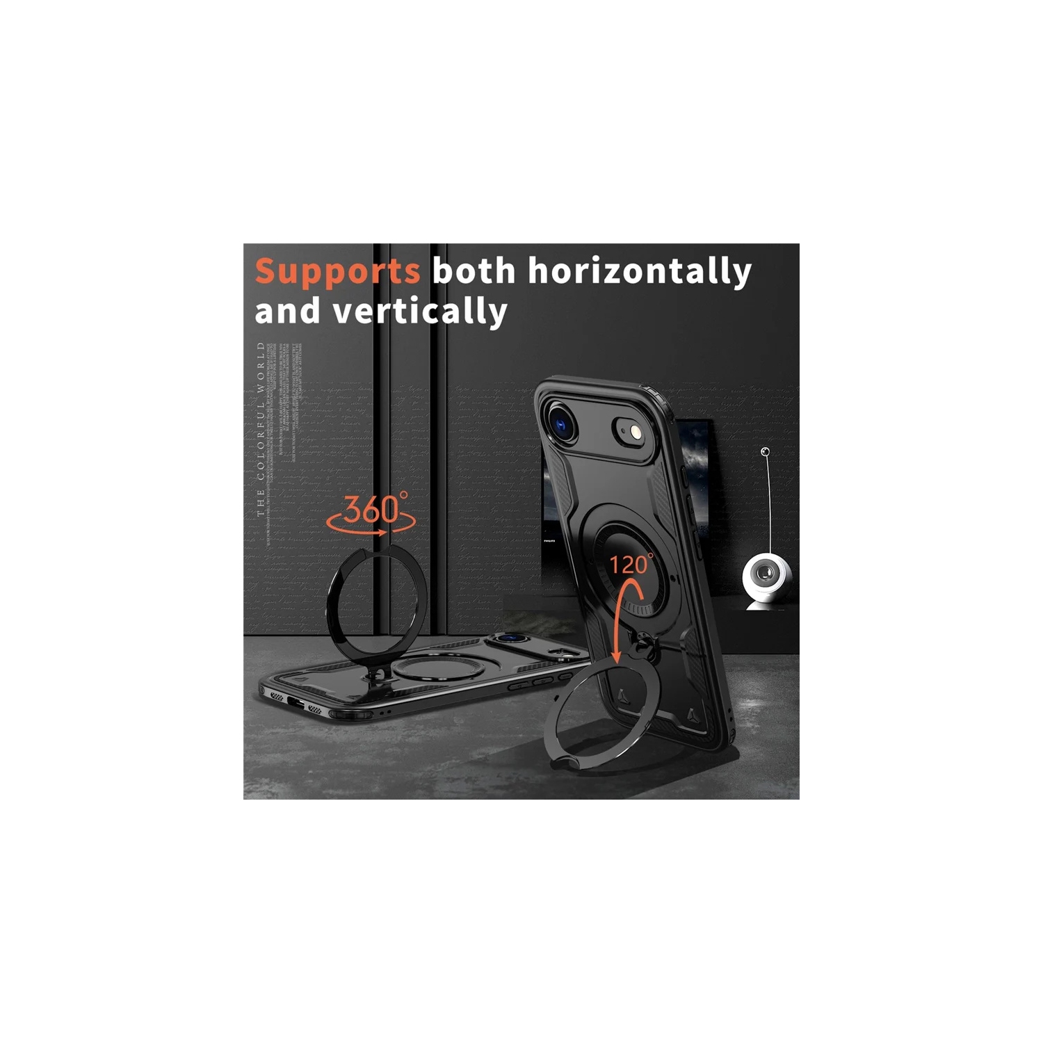 [CS] Shockproof Kickstand Magsafe Case Cover with Ring Stand for iPhone 17 Air, Black