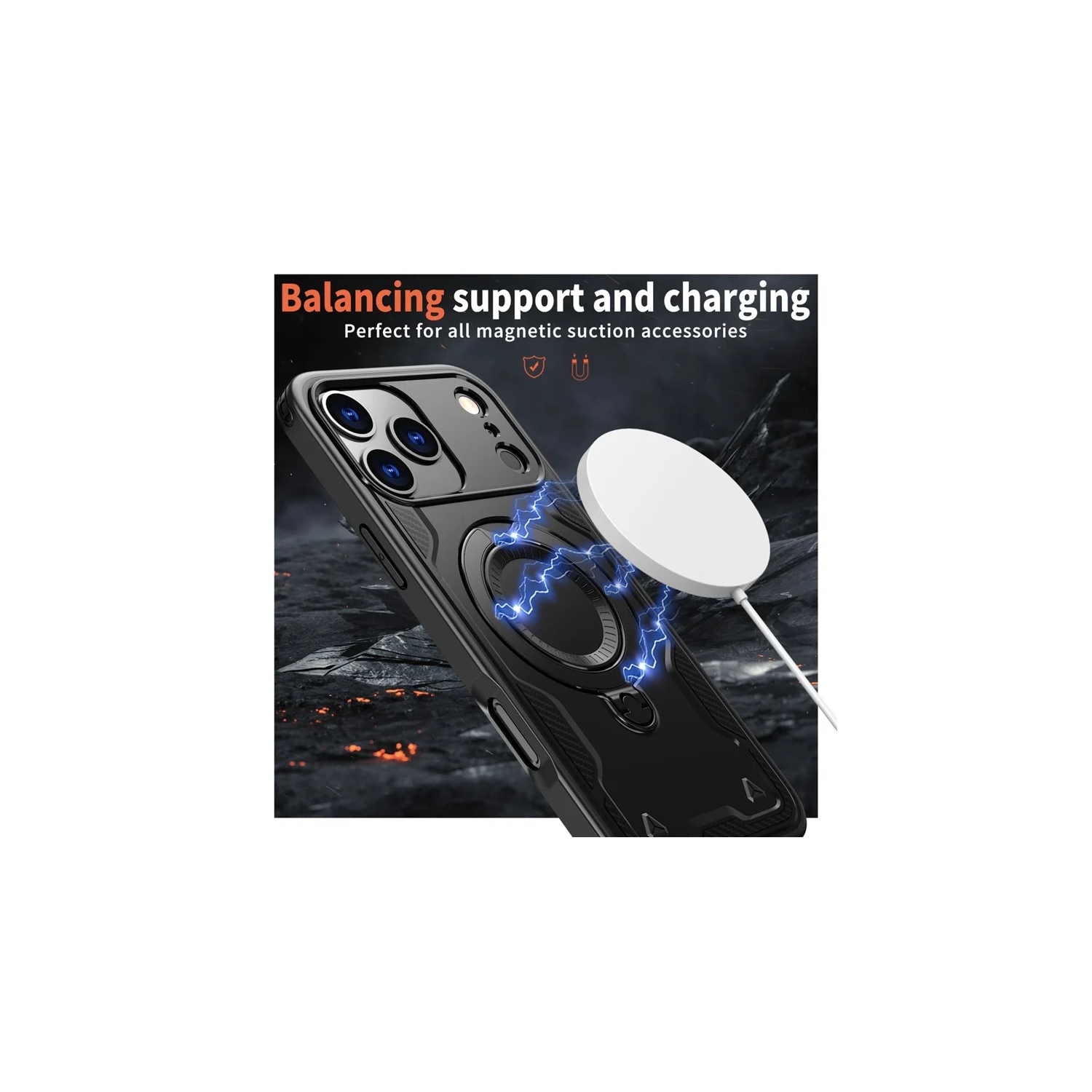 [CS] Shockproof Kickstand Magsafe Case Cover with Ring Stand for iPhone 17 Pro, Black