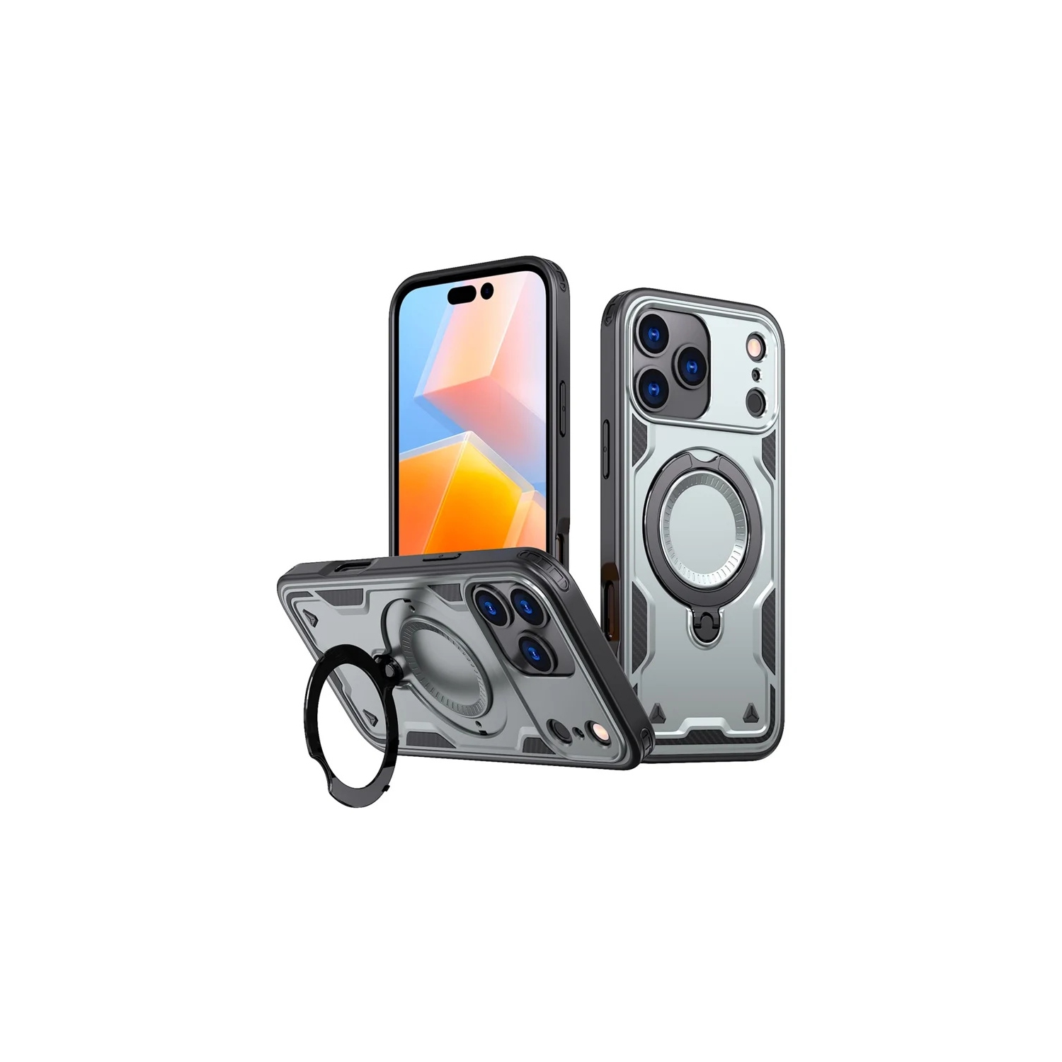 [CS] Shockproof Kickstand Magsafe Case Cover with Ring Stand for iPhone 17 Pro, Grey