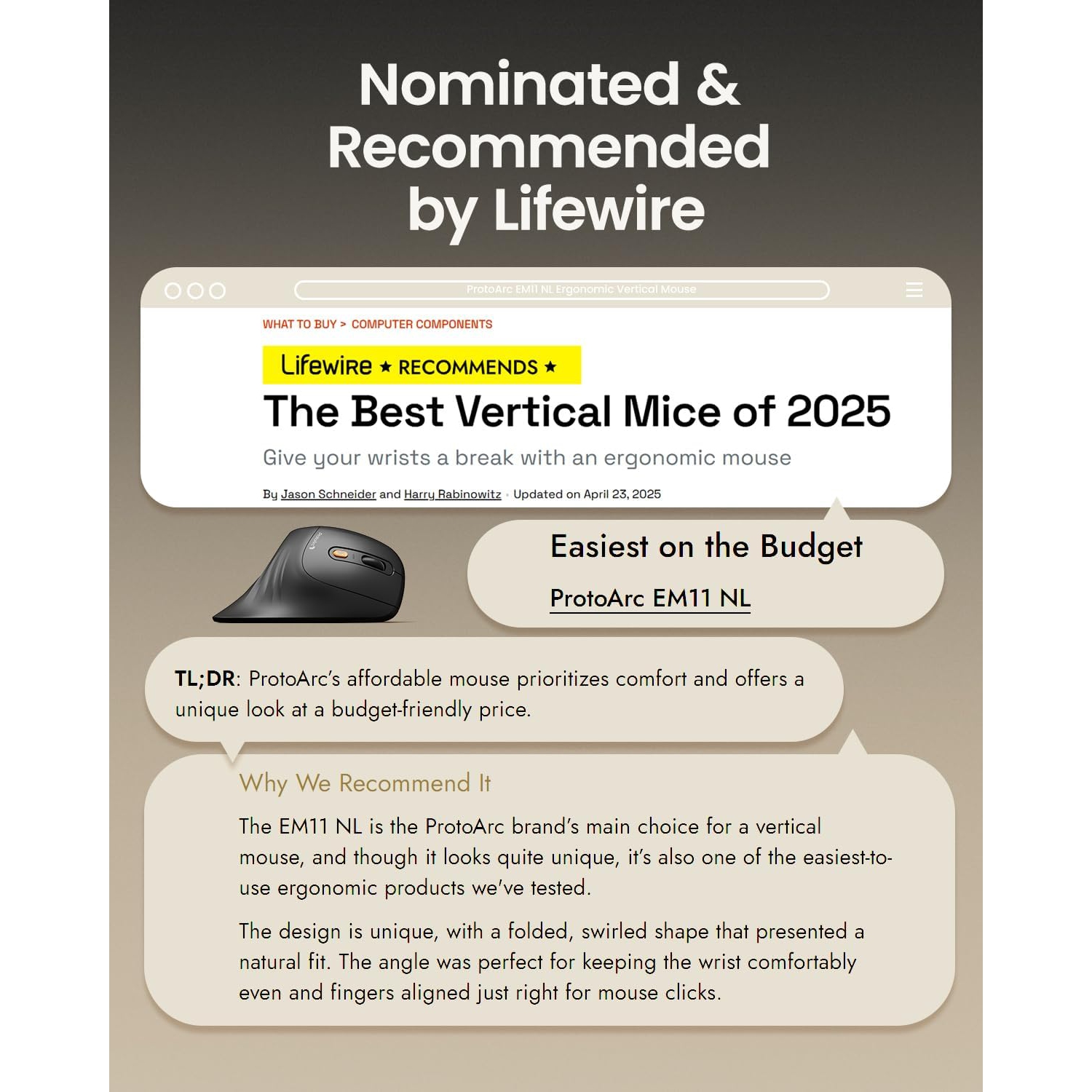 ProtoArc Ergonomic Vertical Mouse, EM11 NL Bluetooth Mouse Wireless Rechargeable Mice with 3 Devices, Vertical Wireless Mouse- Refurbished Excellent