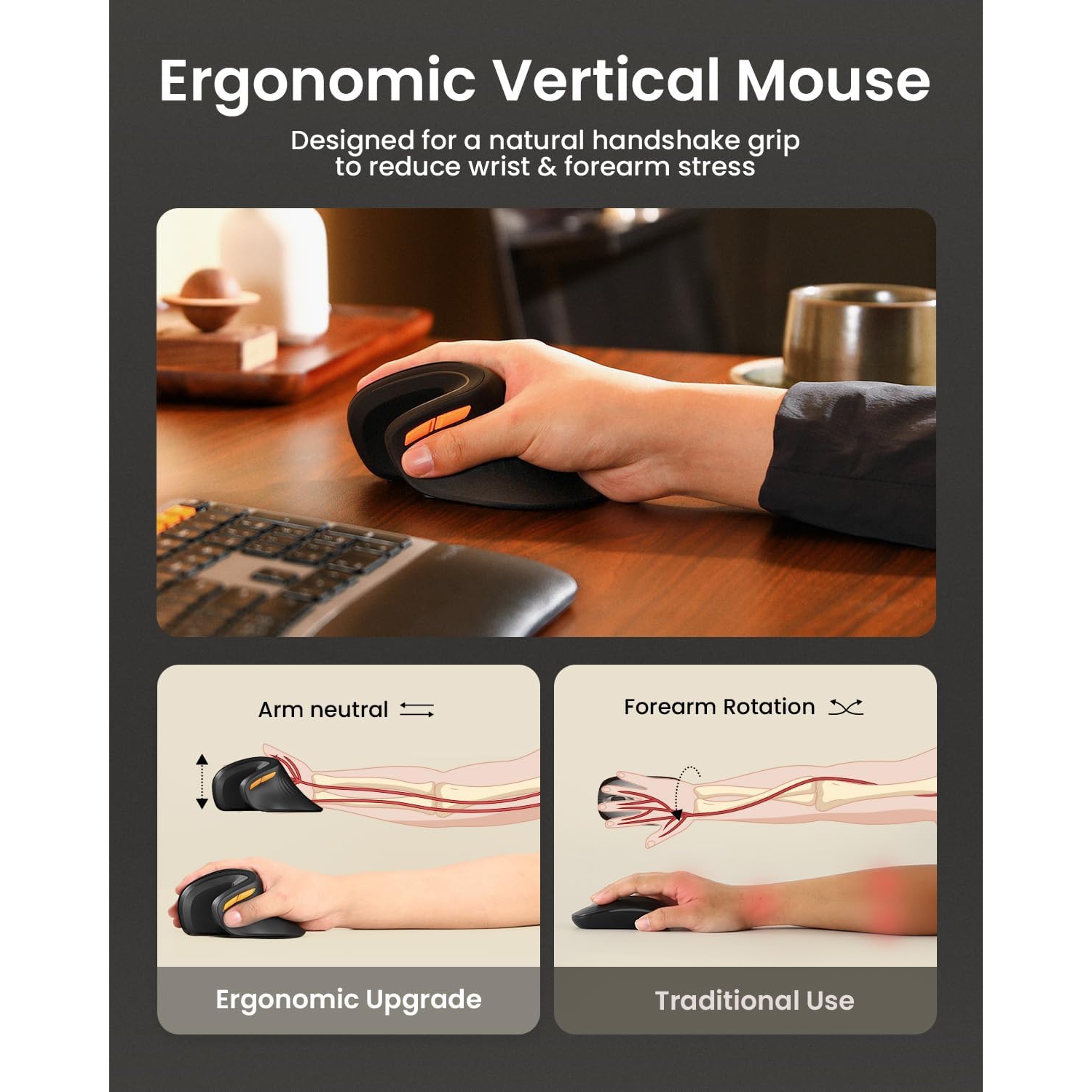 ProtoArc Ergonomic Vertical Mouse, EM11 NL Bluetooth Mouse Wireless Rechargeable Mice with 3 Devices, Vertical Wireless Mouse- Refurbished Excellent