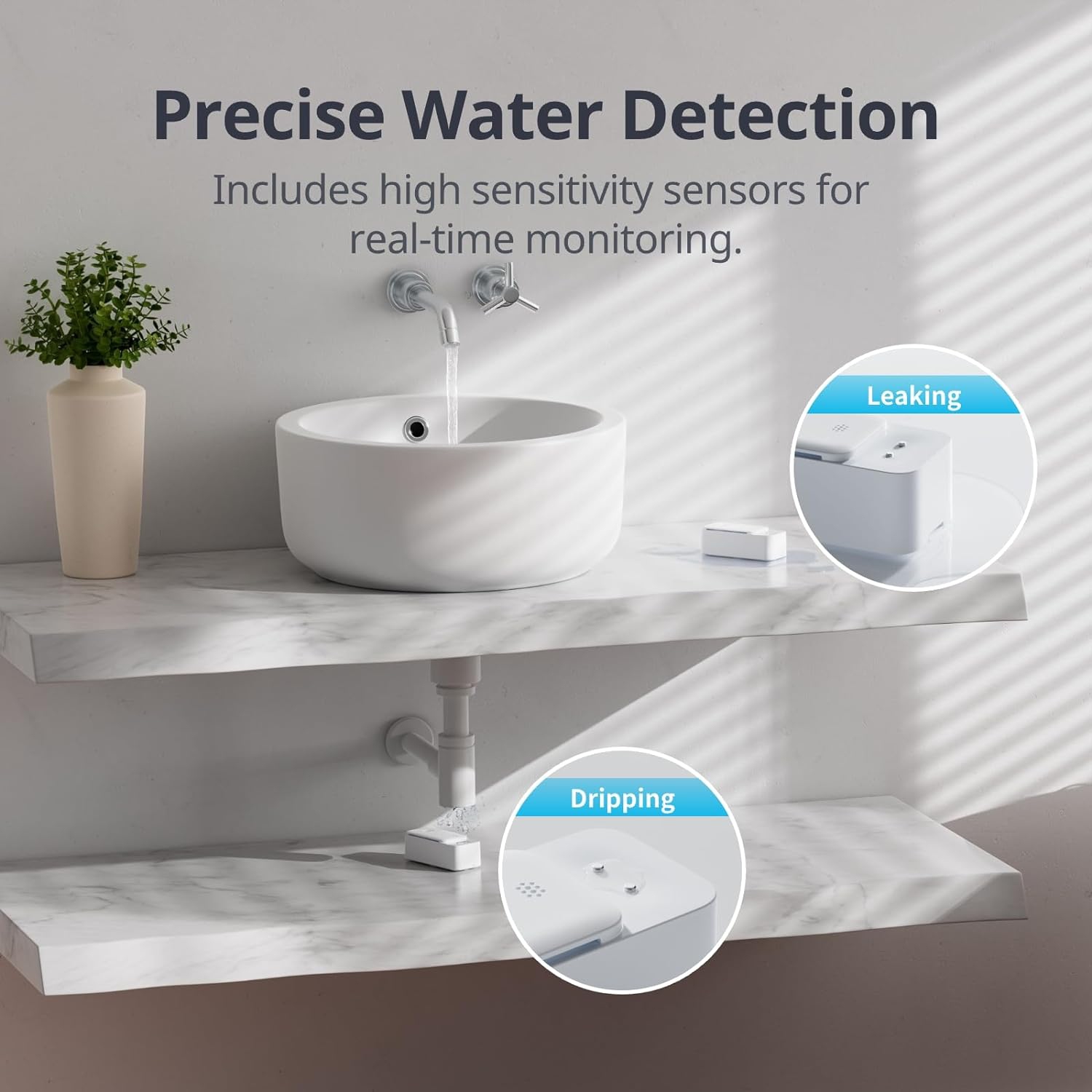 SwitchBot WiFi Water Sensor, 100dB Adjustable Alerts & App Alerts, IP67 Waterproof, Smart Water Leak Detector for Kitchen, Bathroom, Basement, No Hub
