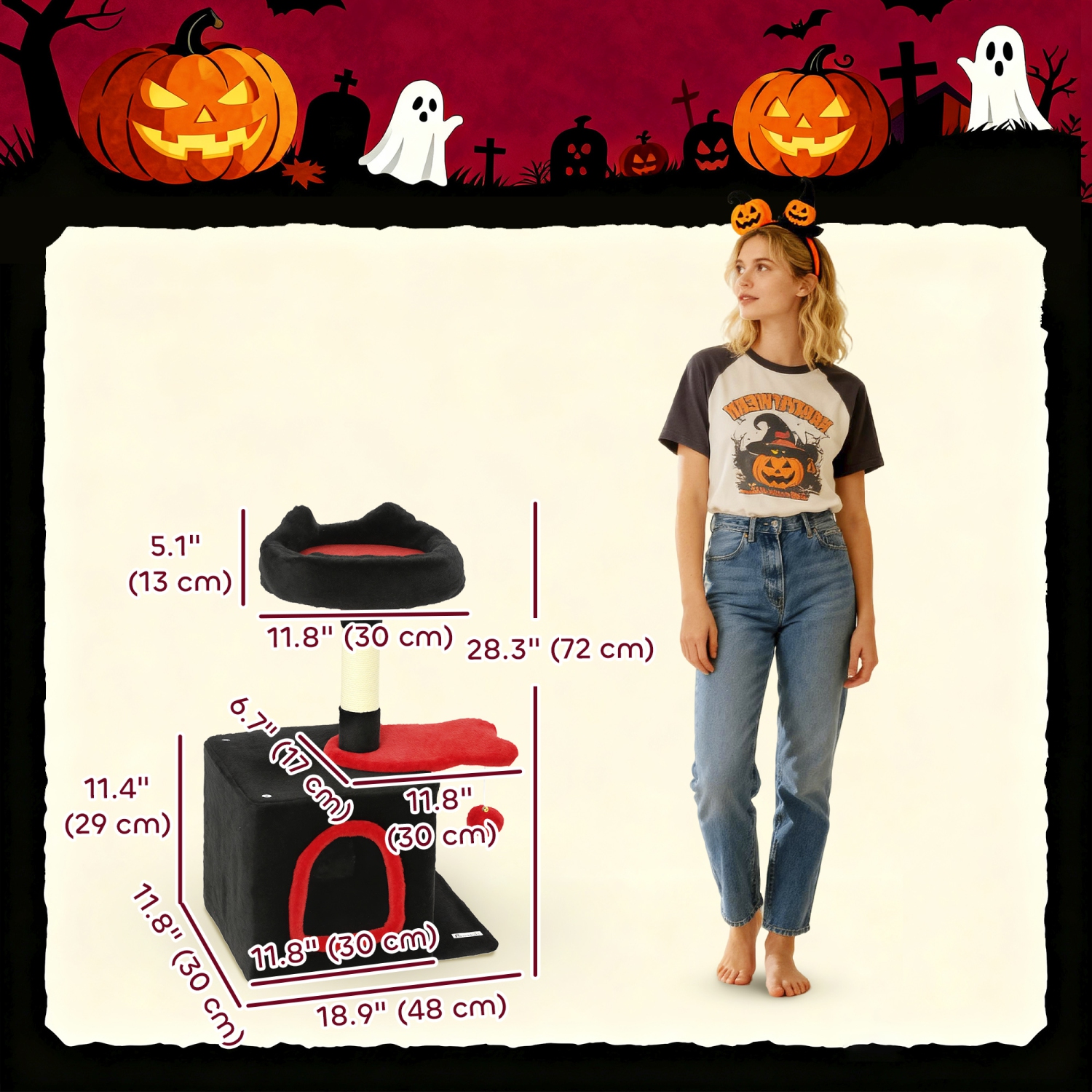 PawHut – Arbre de chat gothique, tour de chat de 28 po pour chatons d'intérieur avec lit à dessus moelleux, condo douillet, poteau à gratter en