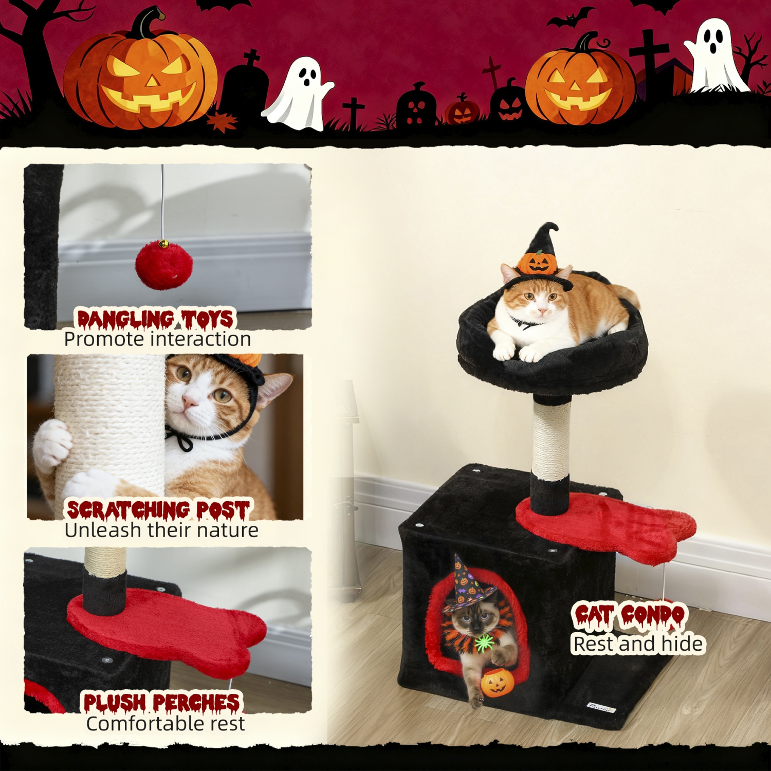 PawHut – Arbre de chat gothique, tour de chat de 28 po pour chatons d'intérieur avec lit à dessus moelleux, condo douillet, poteau à gratter en