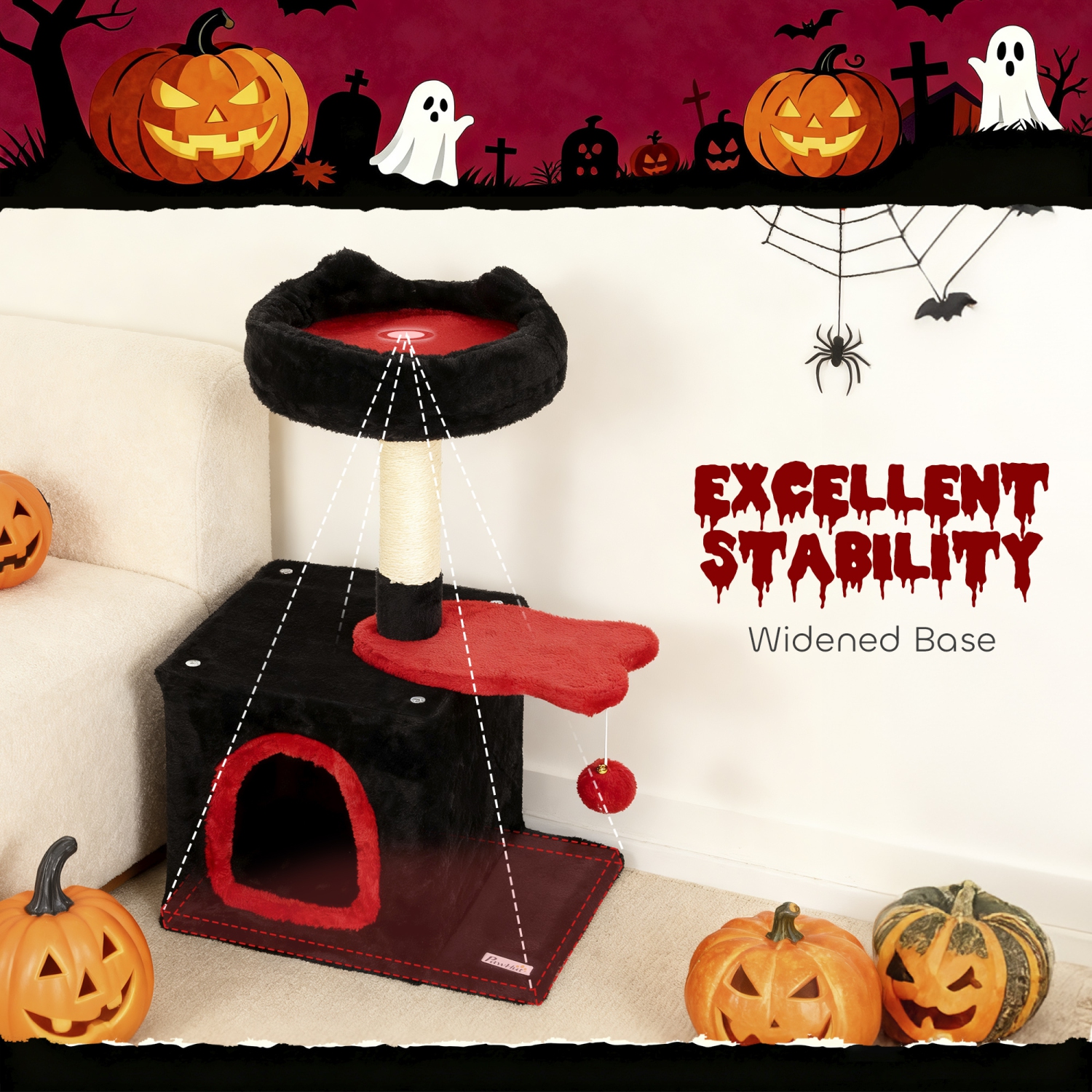 PawHut – Arbre de chat gothique, tour de chat de 28 po pour chatons d'intérieur avec lit à dessus moelleux, condo douillet, poteau à gratter en