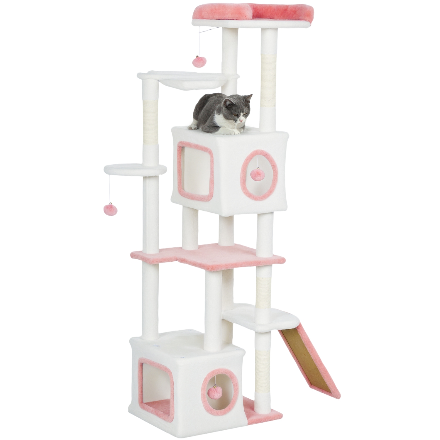 PawHut Cat Tree for Indoor Large Adult Cats, 65 Inch Kitty Tower Multi-Level with 2 Doors Condos, Plush Top Perch, Hammock, Sisal Scratching Posts, 4